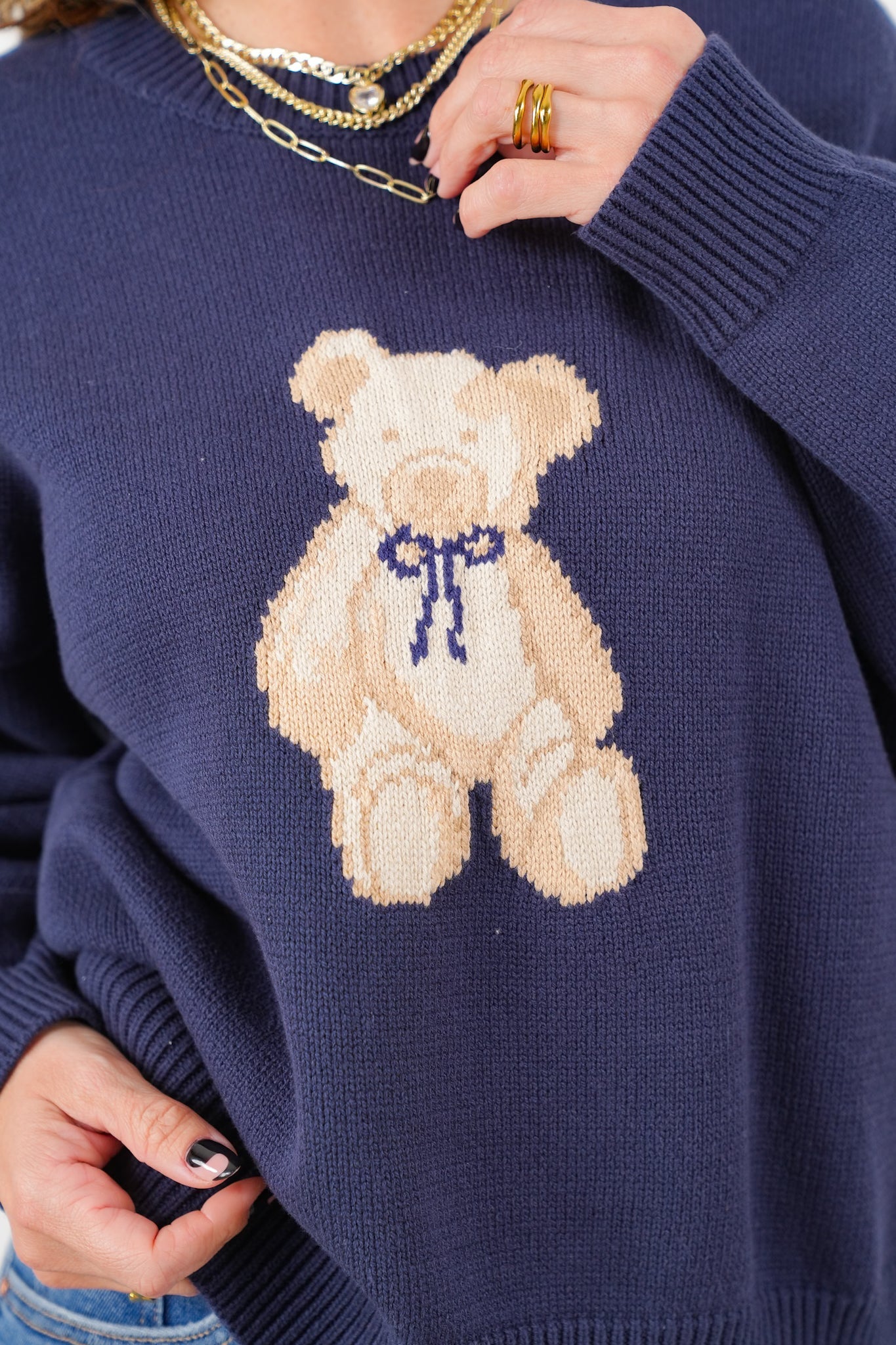 Long Sleeve Crew Neck Sweater with Teddy Bear Detail