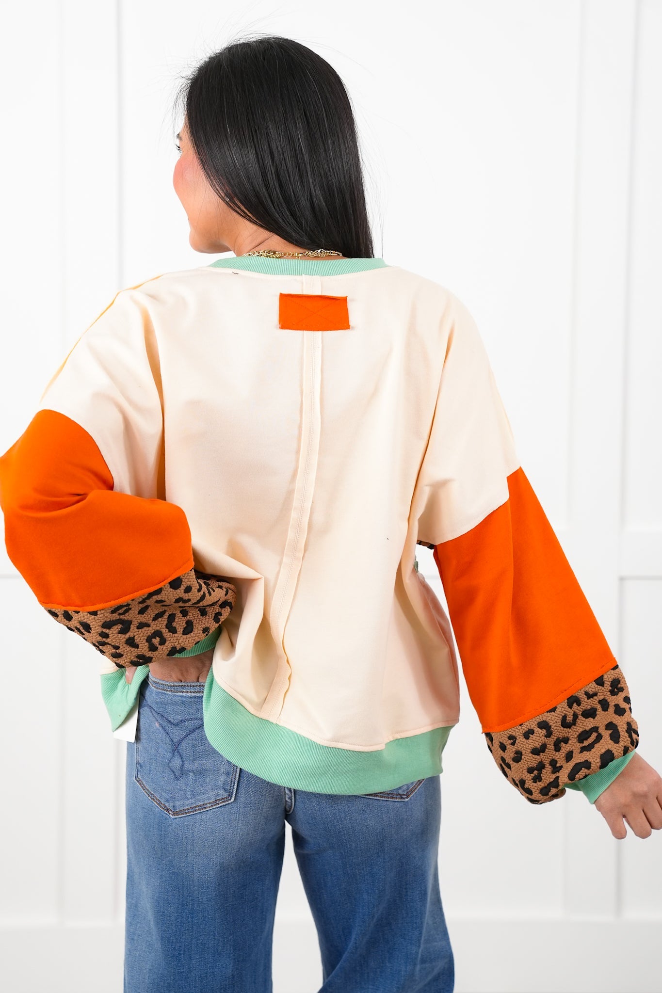 Color Block Long Sleeve Pullover Top with Leopard Detail