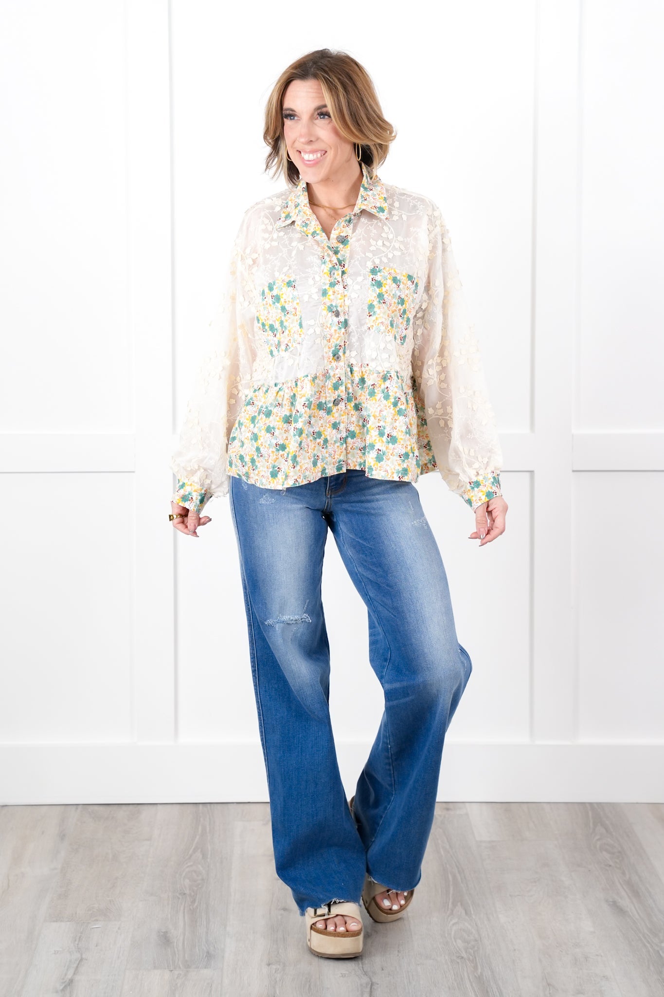 POL Sheer Lace Long Sleeve Button Down Top with Floral Detail