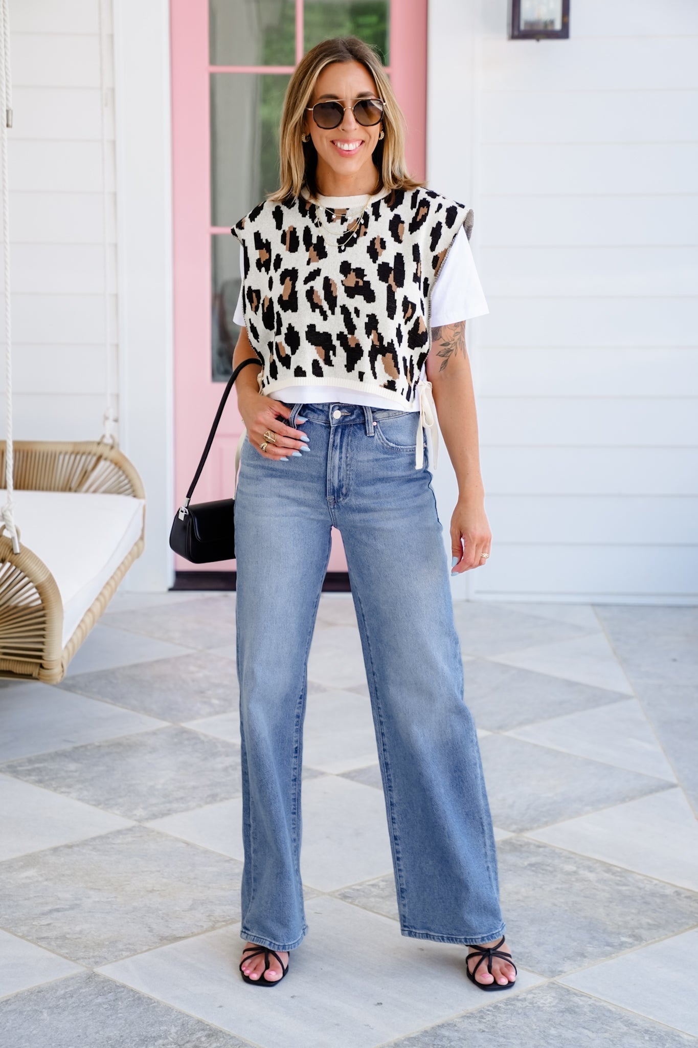 Plus/Reg Short Sleeve Tee with Layered Leopard Sweater Vest