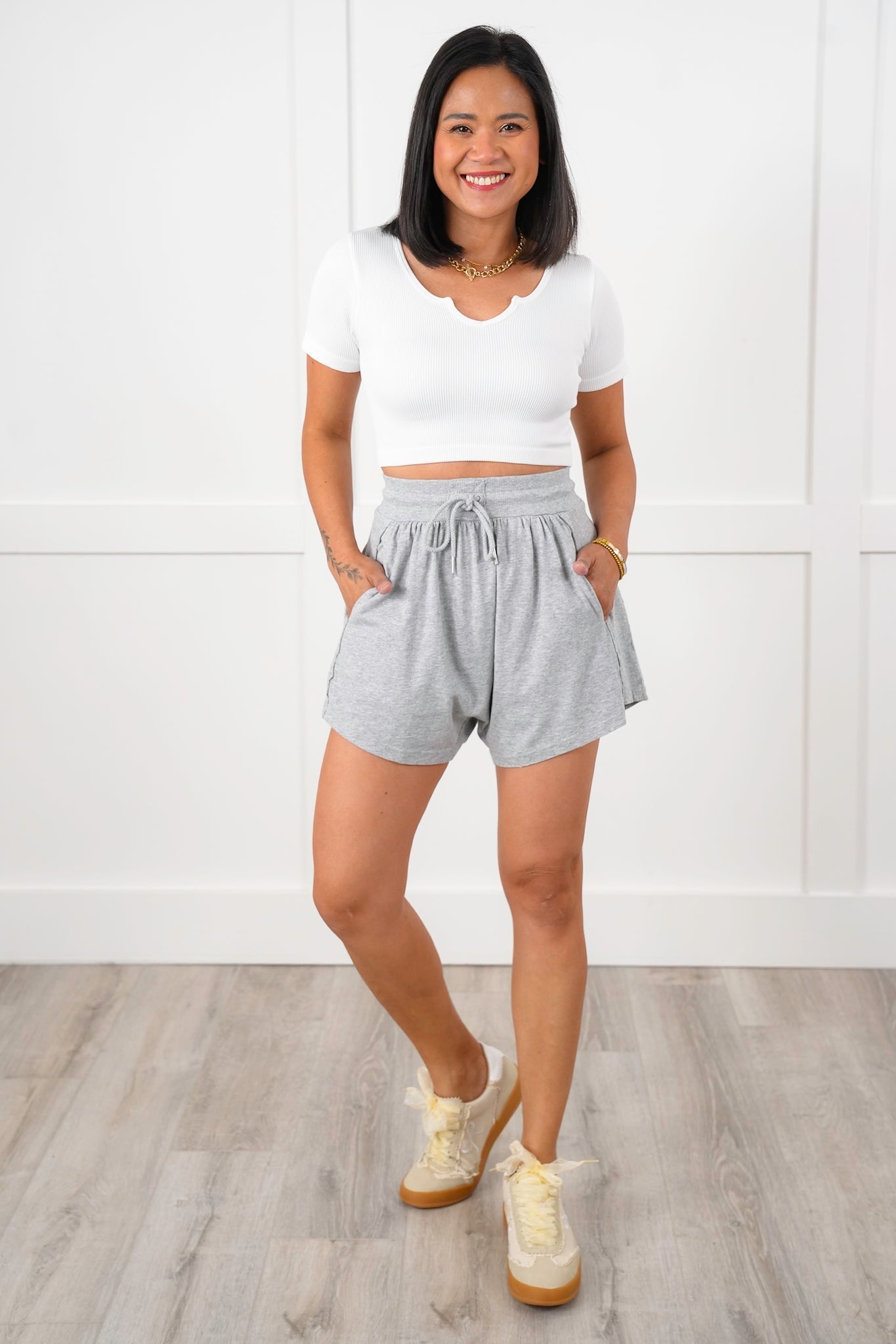 Mineral Wash Elastic High Waist Shorts with Side Pockets