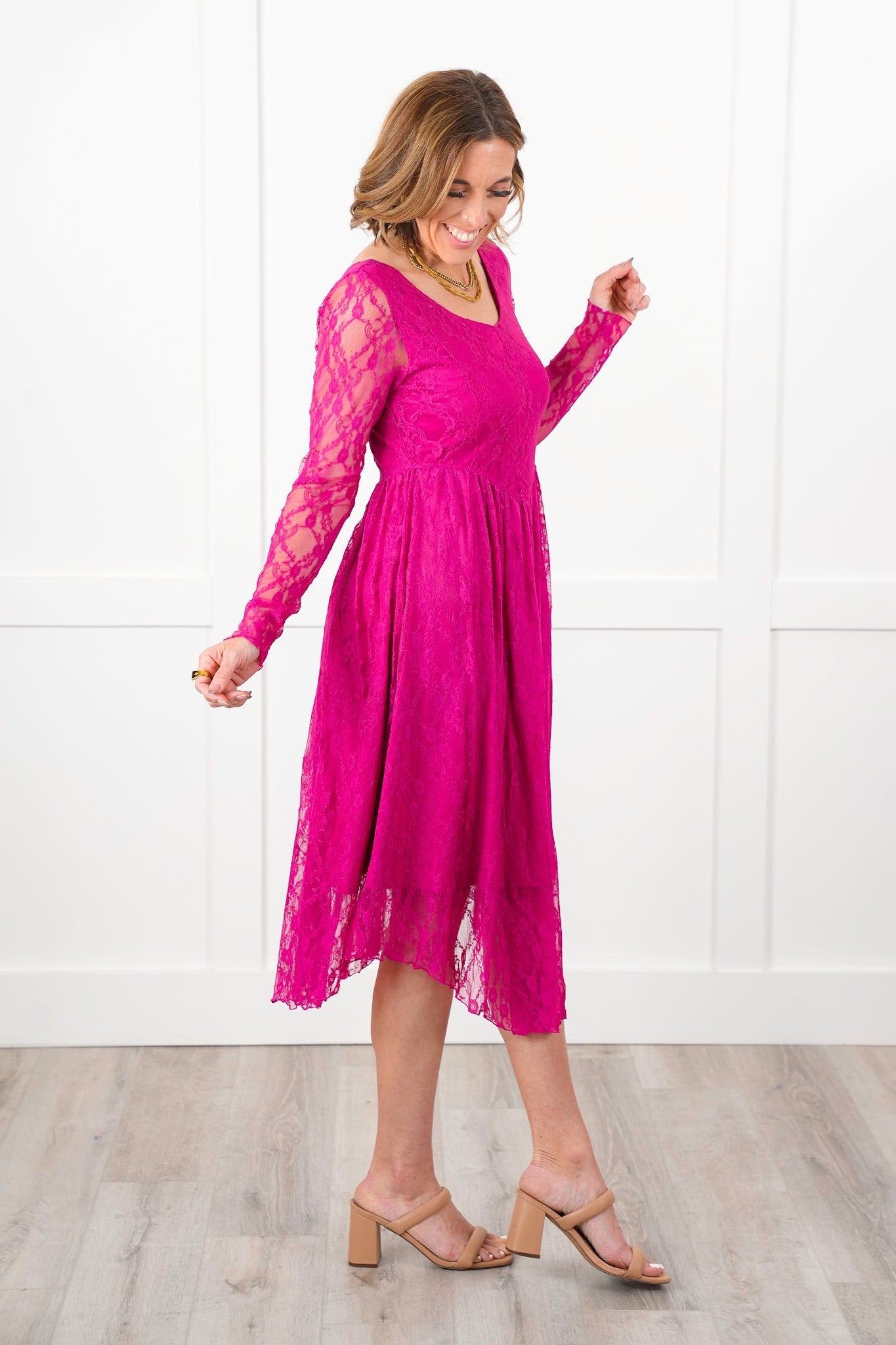 Berry Lace Long Sleeve Layered Maxi Dress