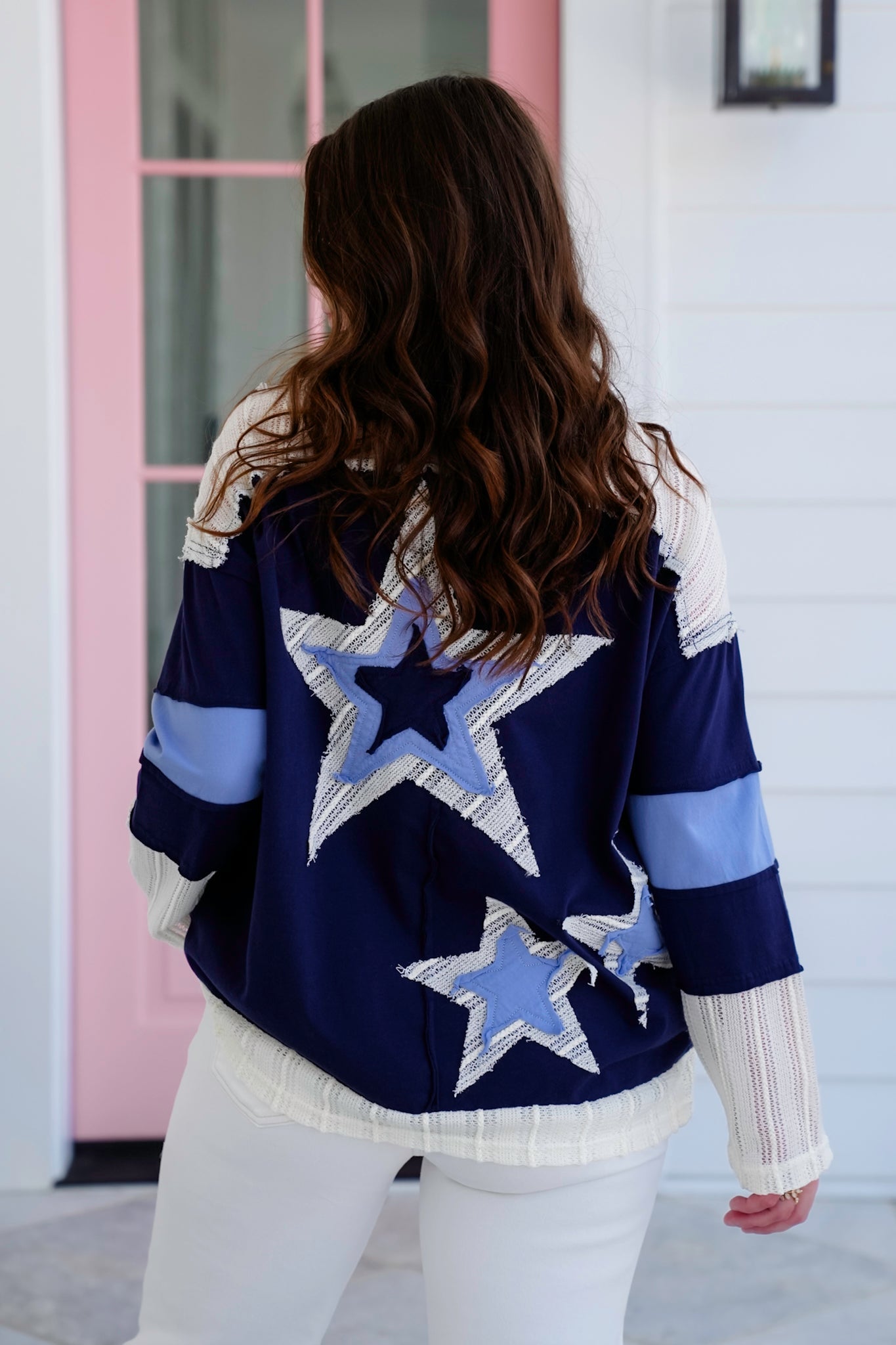 Long Sleeve Round Neck Top with Star Patch Detail