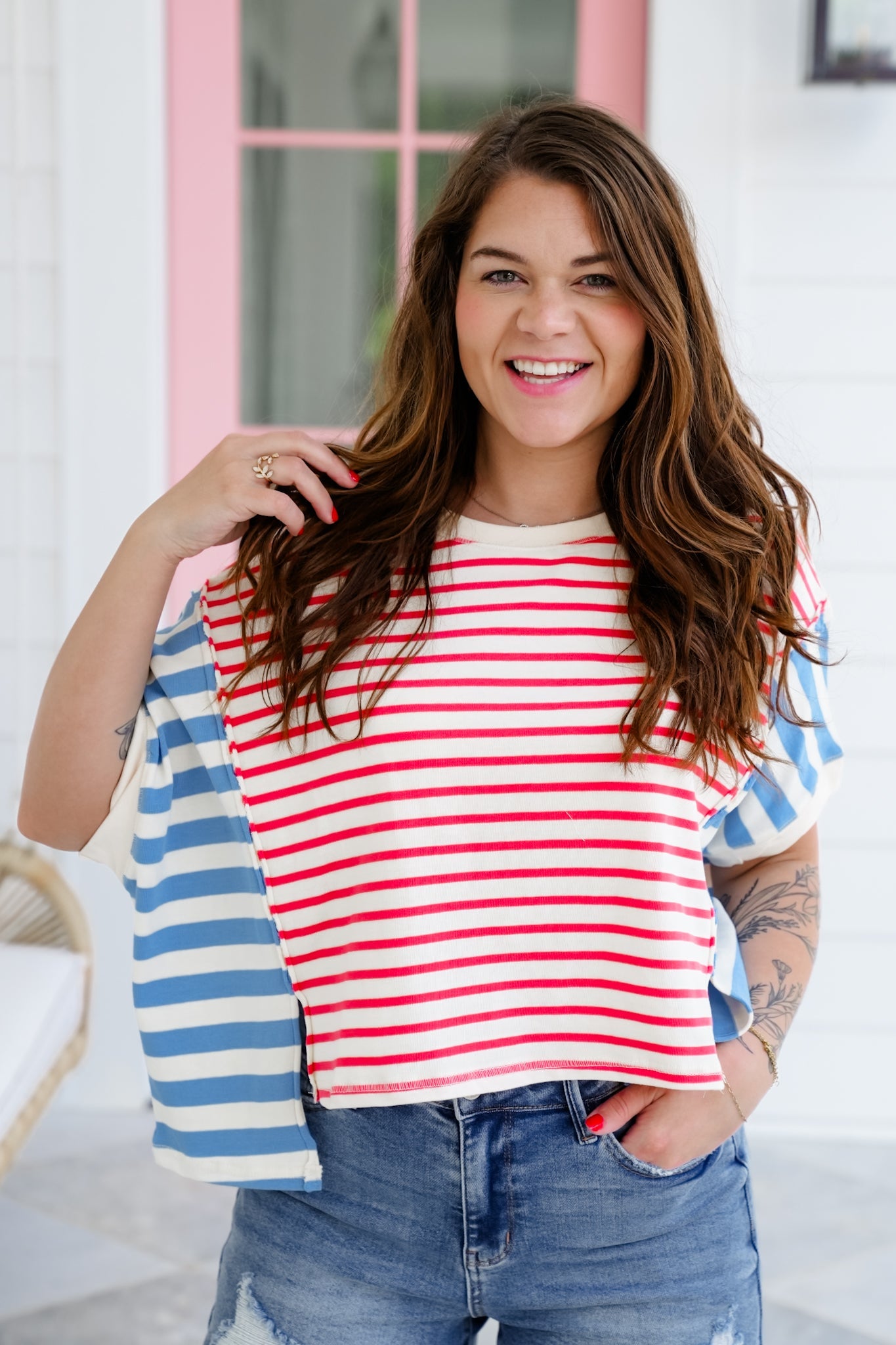 Stripe Color Block Dolman Sleeve Top with Front Slit Detail