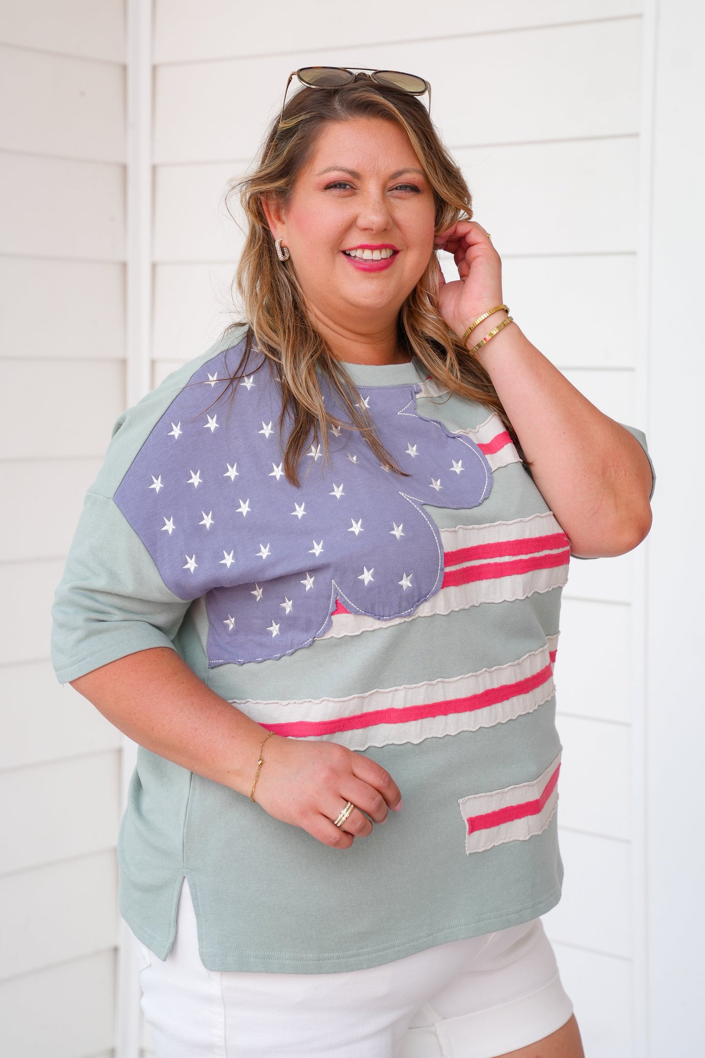 Stars And Stripes Patch Short Sleeve Terry Knit Top