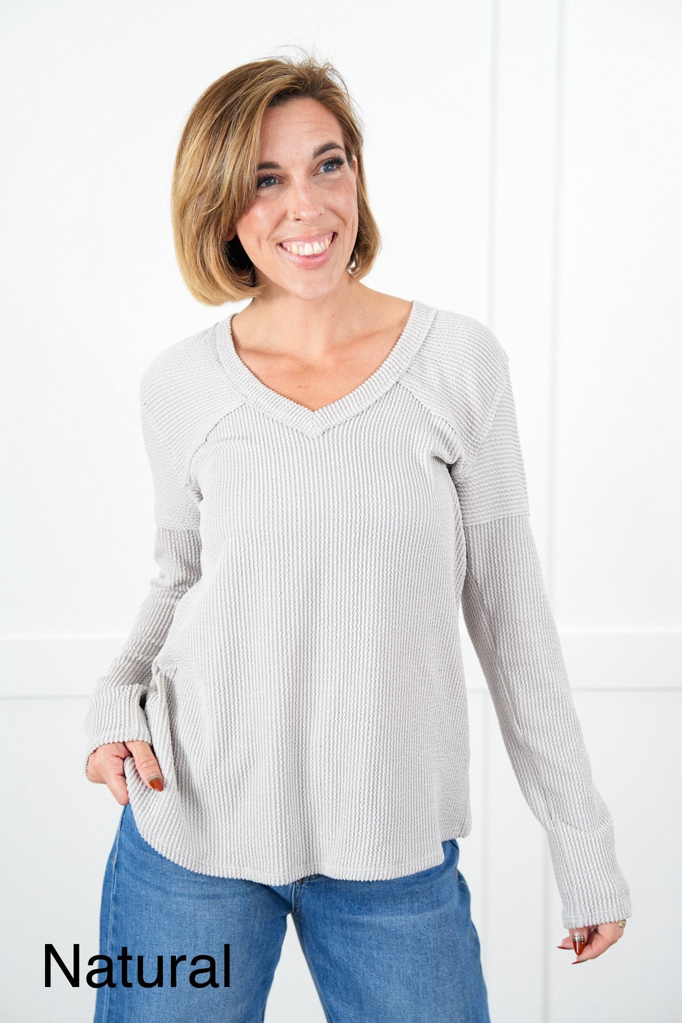 Plus/Reg Urban Ribbed Long Sleeve V-Neck Top