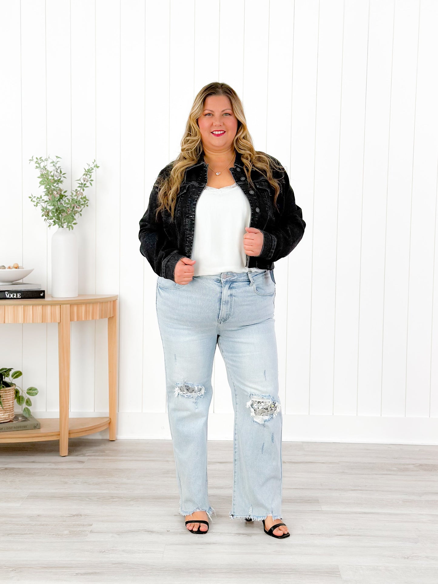 Risen High Rise Acid Wash Sequin Knee Patches Relaxed Straight Leg Jeans