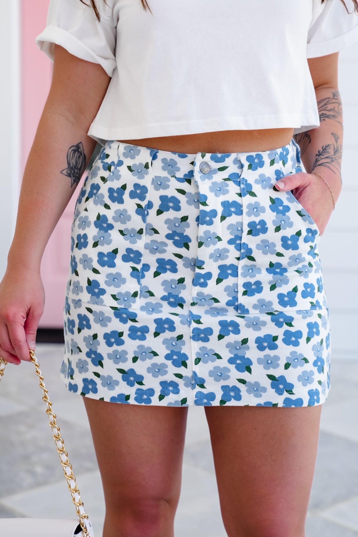 Floral Print Mini Skirt with Patch Pockets