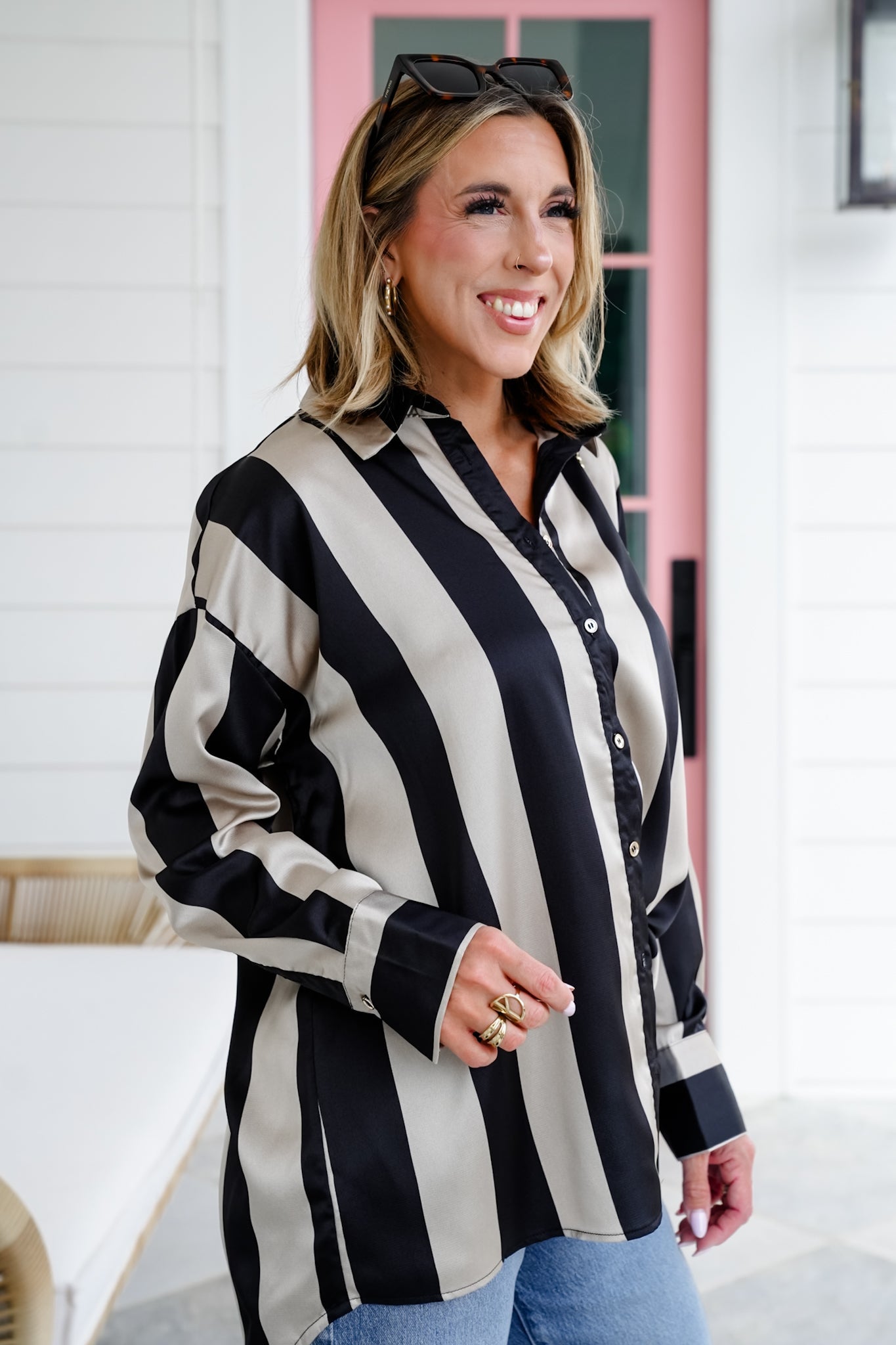 Satin Stripe Long Sleeve Button Down Blouse
