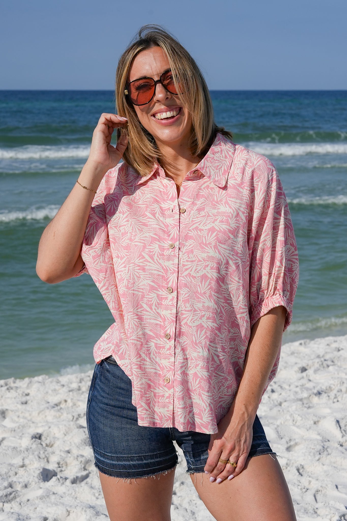 Tropical Print Short Doman Sleeve Button Down Top with Back Cut Out Detail