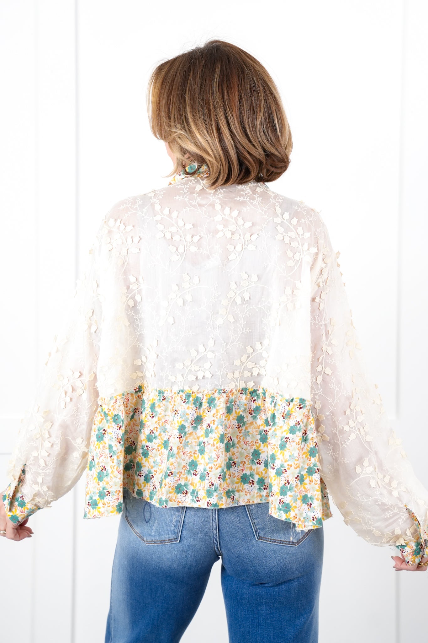 POL Sheer Lace Long Sleeve Button Down Top with Floral Detail