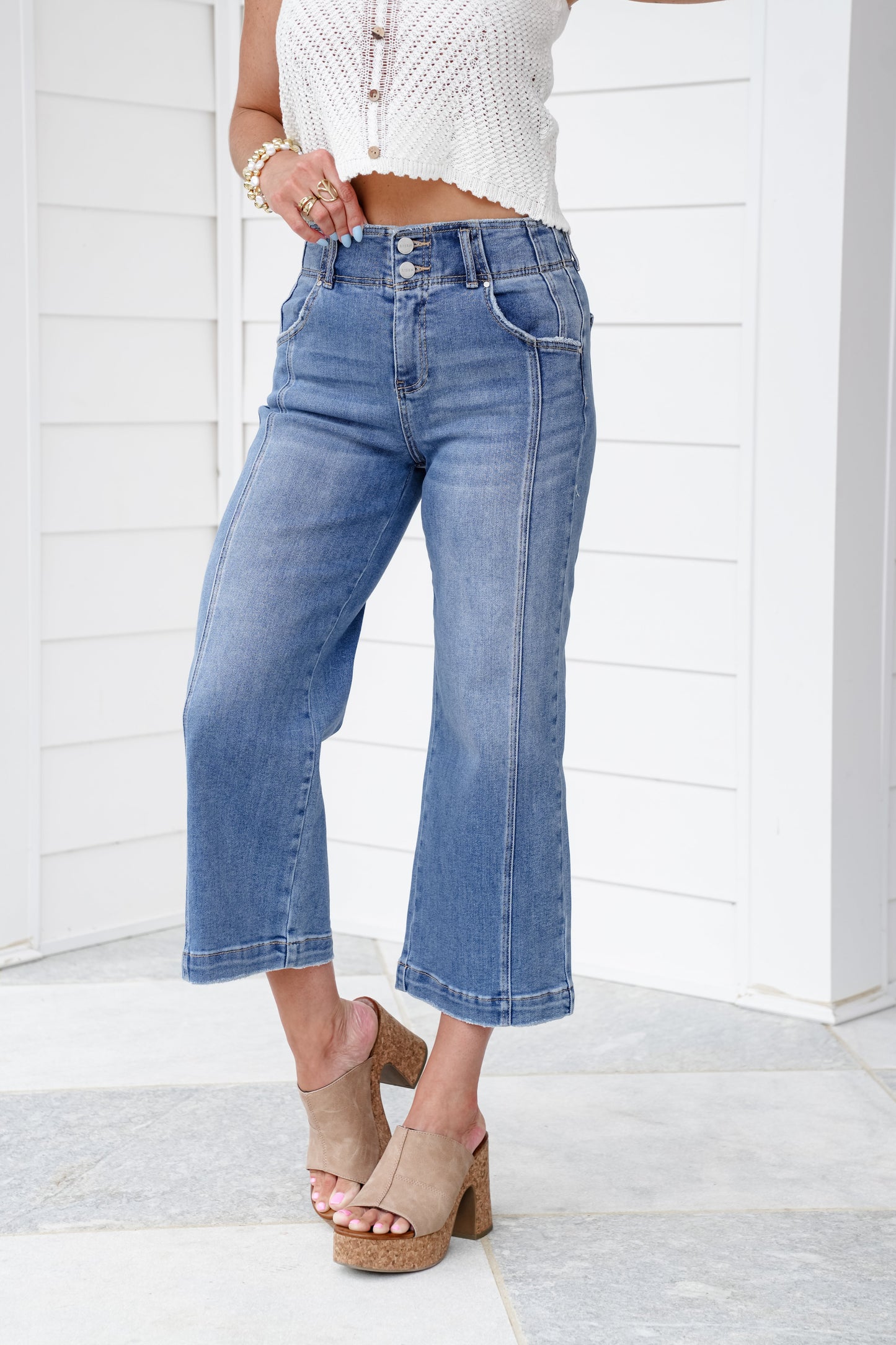 Risen High Rise Medium Wash Cropped Wide Leg Jeans with Front Seam Detail