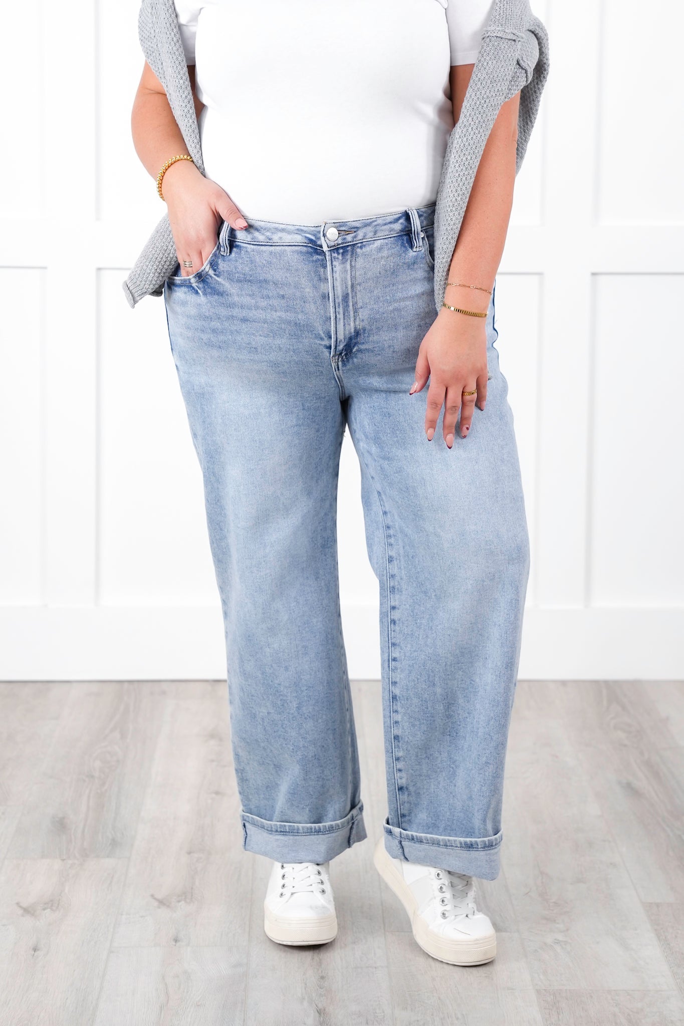 Risen High Rise Light Wash Ankle Barrel Jeans with Cuff