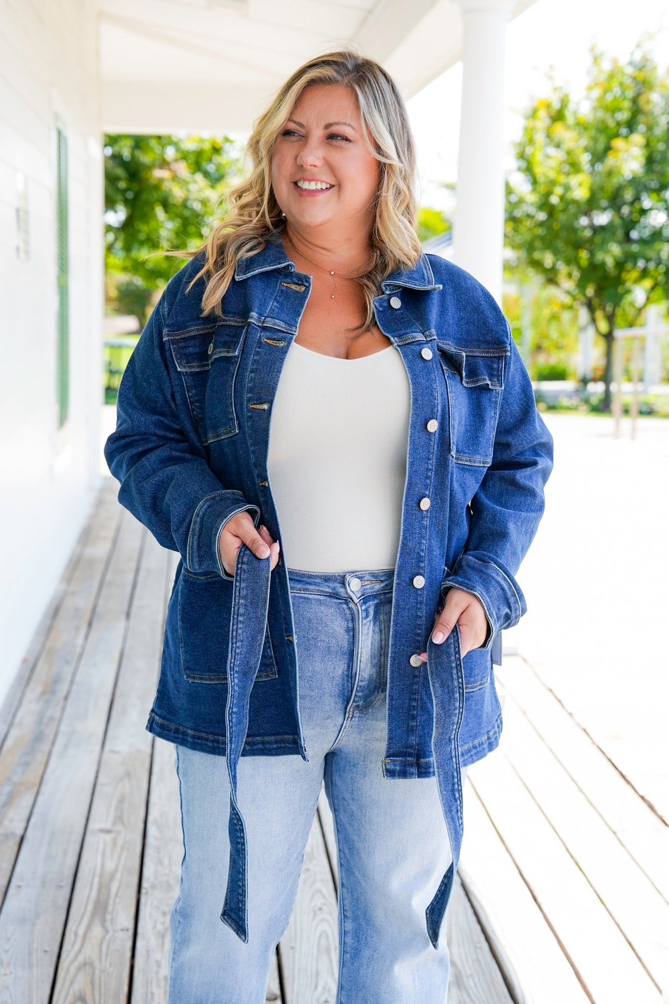 Plus/Reg Judy Blue Dark Denim Button Down Mid Length Utility Jacket