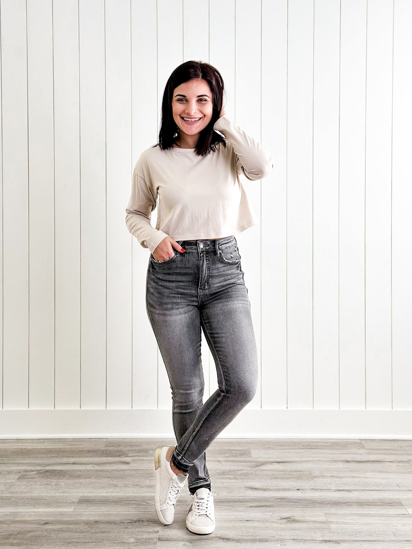 Judy Blue 50 Shades of Grey High Rise Grey Wash Tummy Control Skinny Jeans With Release Hem