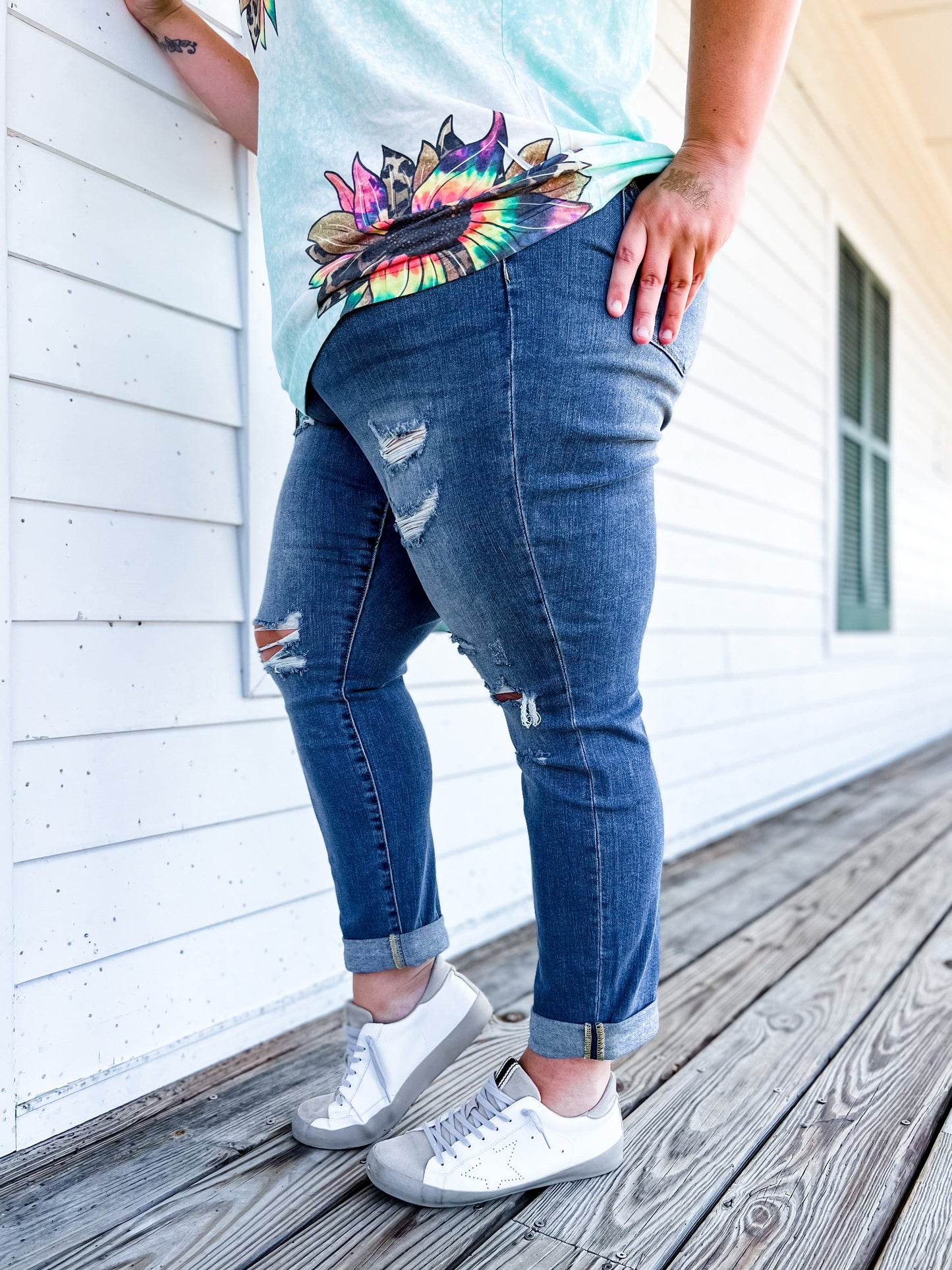 Judy Blue Boy Toy Light Wash High Rise Cuffed Boyfriend Distressed Jeans