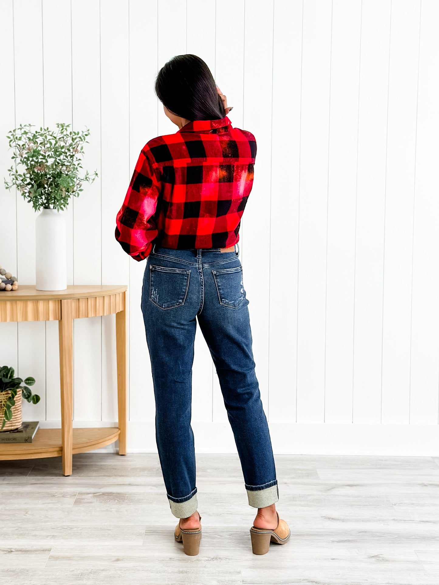 Judy Blue Warm and Cozy Mid Rise Dark Wash Boyfriend Buffalo Plaid Knee Destroy Patches With Cuff Jeans