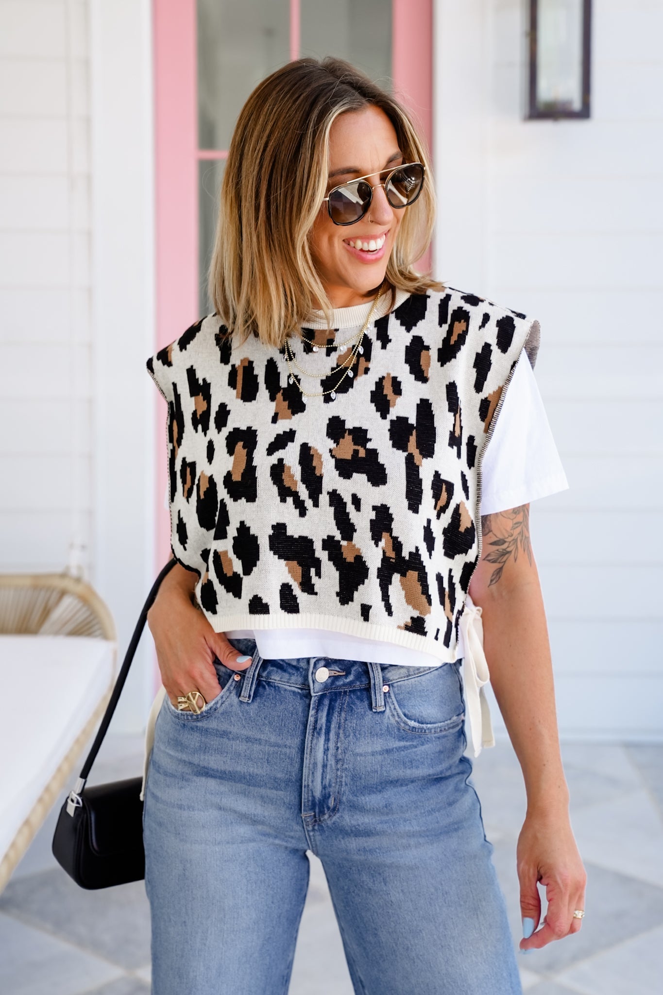 Plus/Reg Short Sleeve Tee with Layered Leopard Sweater Vest
