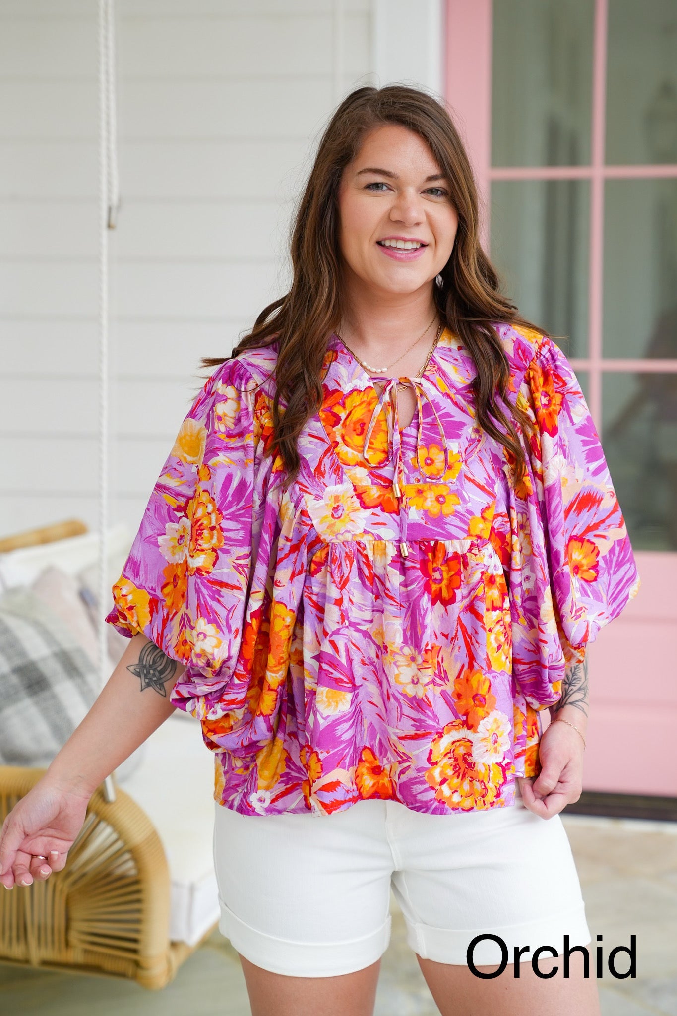 Plus/Reg Tropical Floral Print Dolman Sleeve V Neck Top
