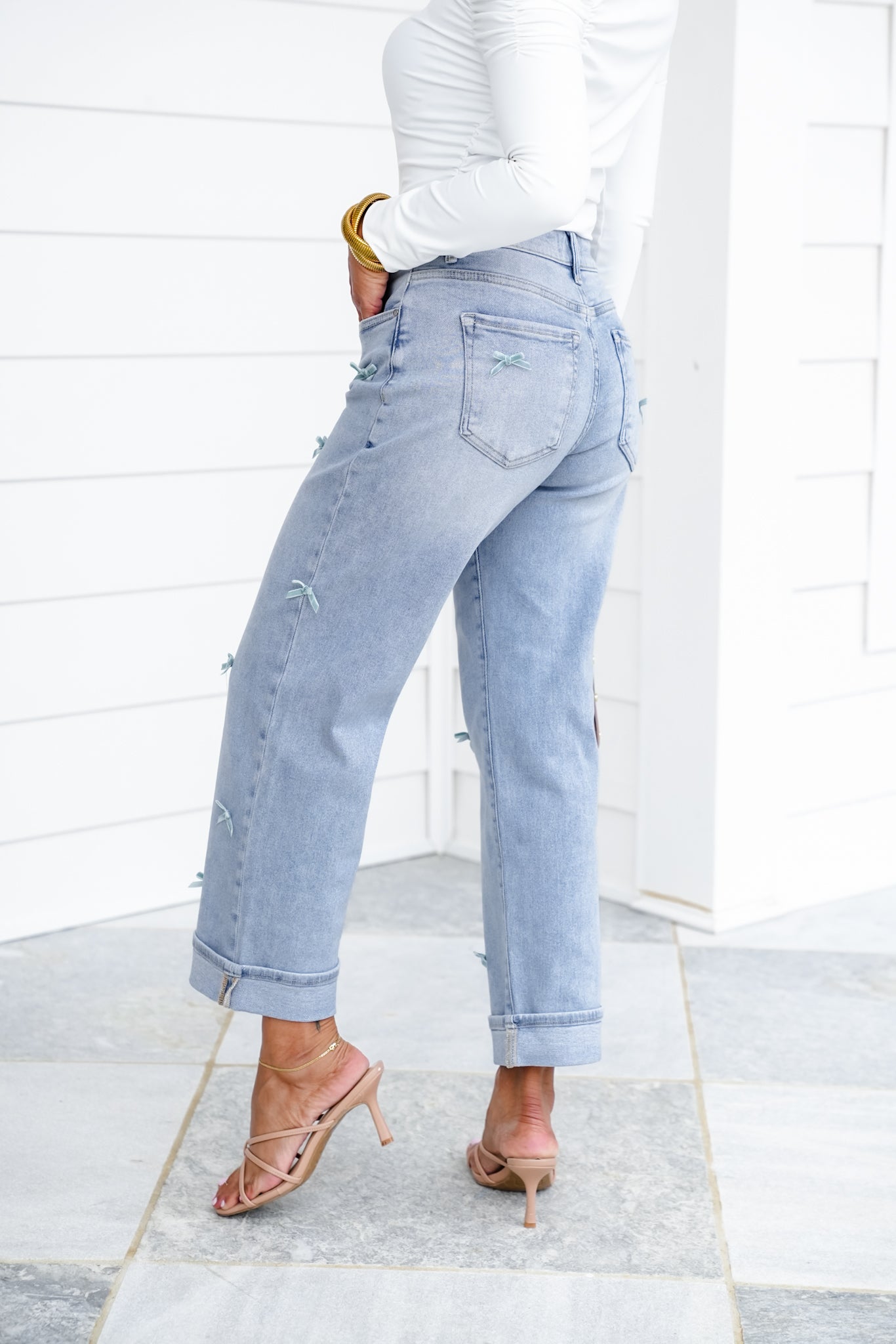 Risen High Rise Light Wash Crop Barrel Jeans with Bow Detail