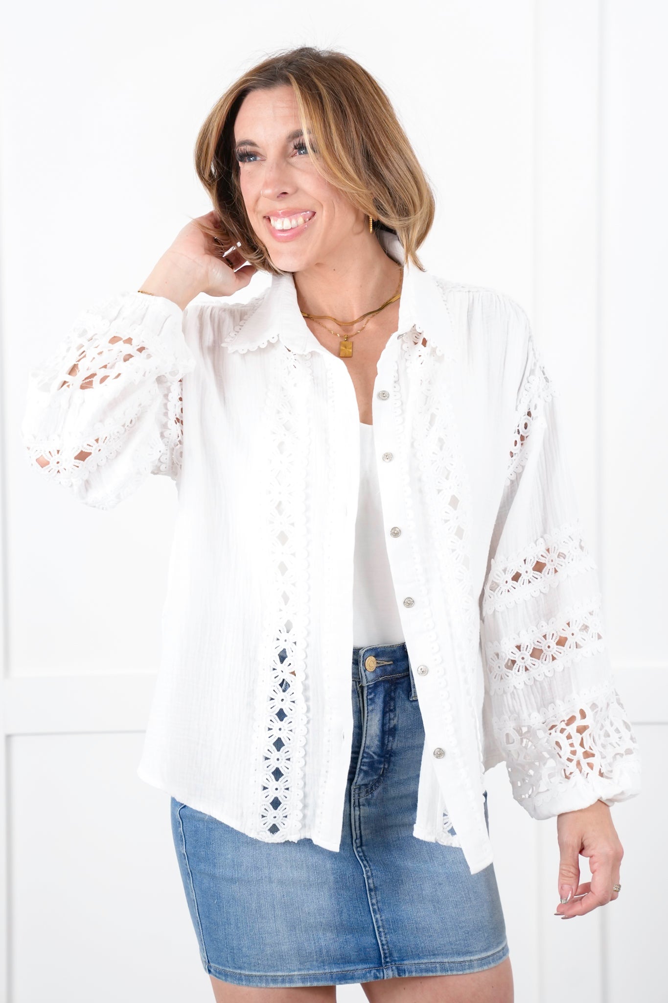 Restock! POL Gauze Long Sleeve Button Down Top with Lace Detail