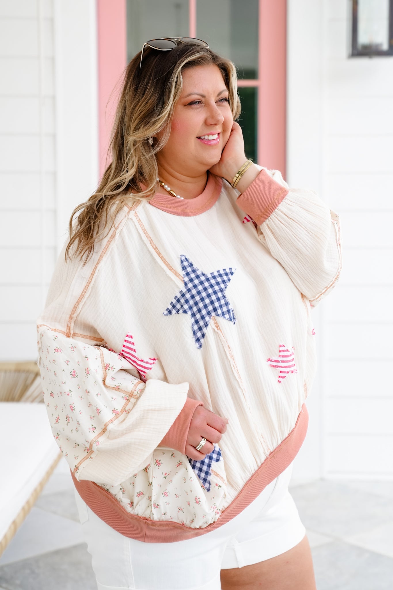 Long Dolman Sleeve Gauze Top with Star Patch Details