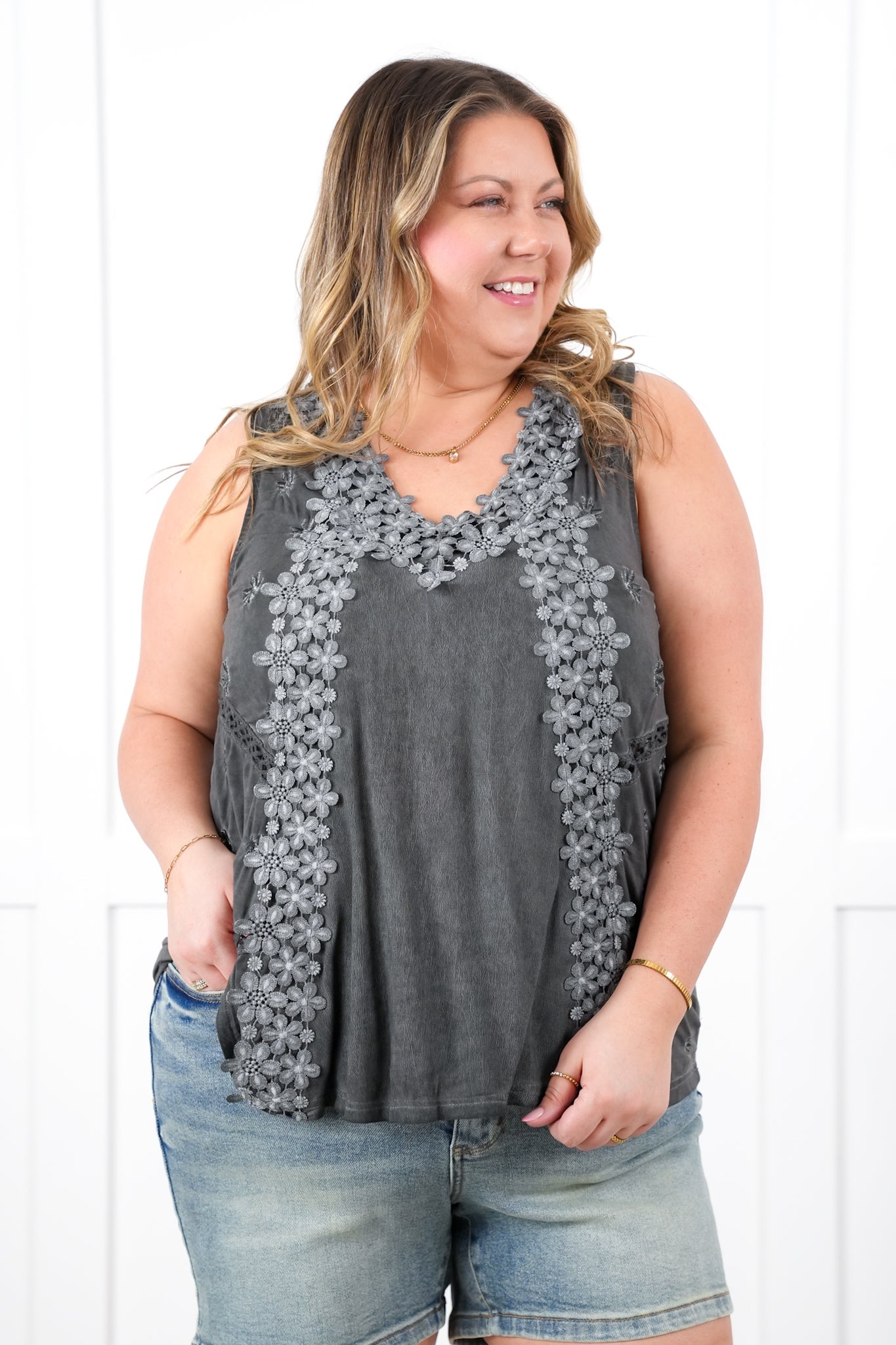 Restocks! POL Sleeveless Tank Top with Floral Embroidery Detail