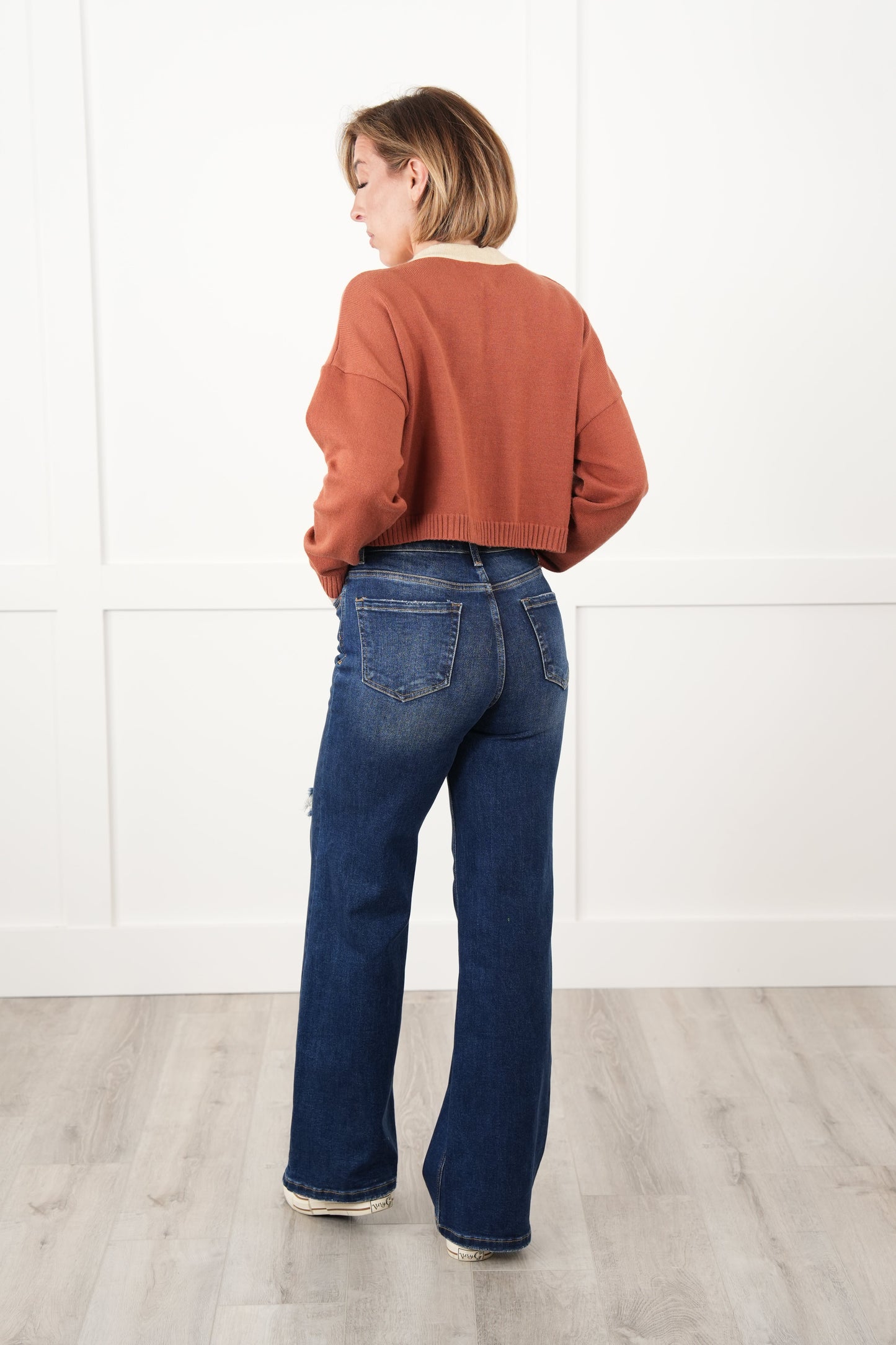 Risen Forget me Not High Rise Dark Wash Distressed Wide Leg Jeans