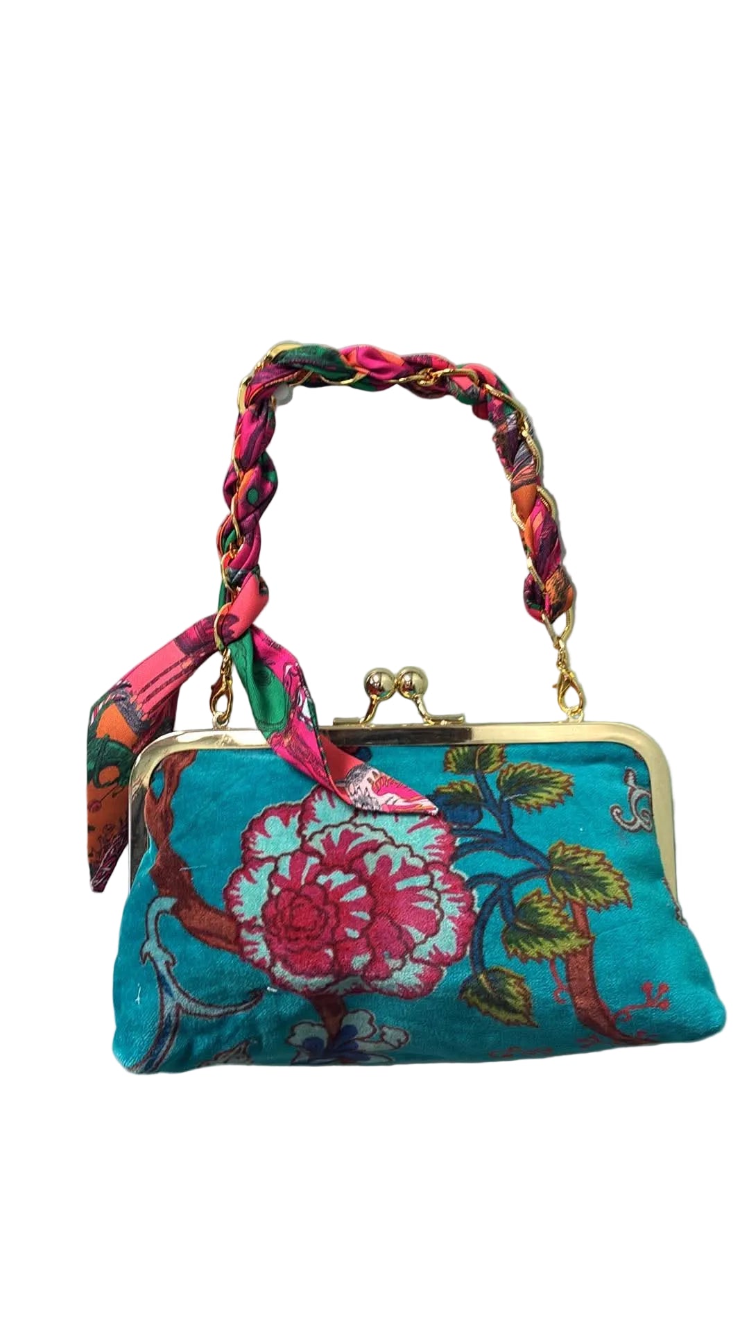 Floral Turquoise Velveteen Shoulder Bag with Scarf Accent - Freckled Poppy