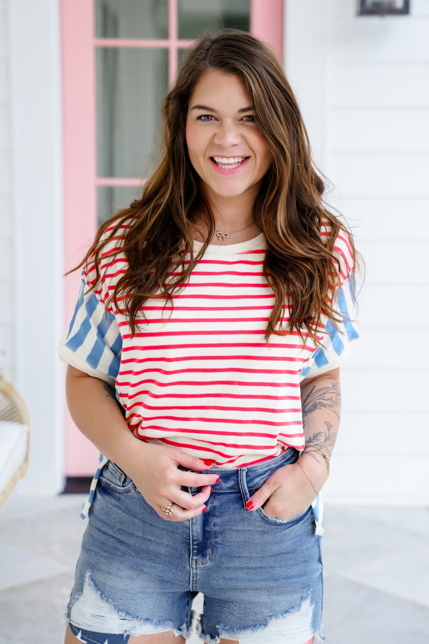 Stripe Color Block Dolman Sleeve Top with Front Slit Detail