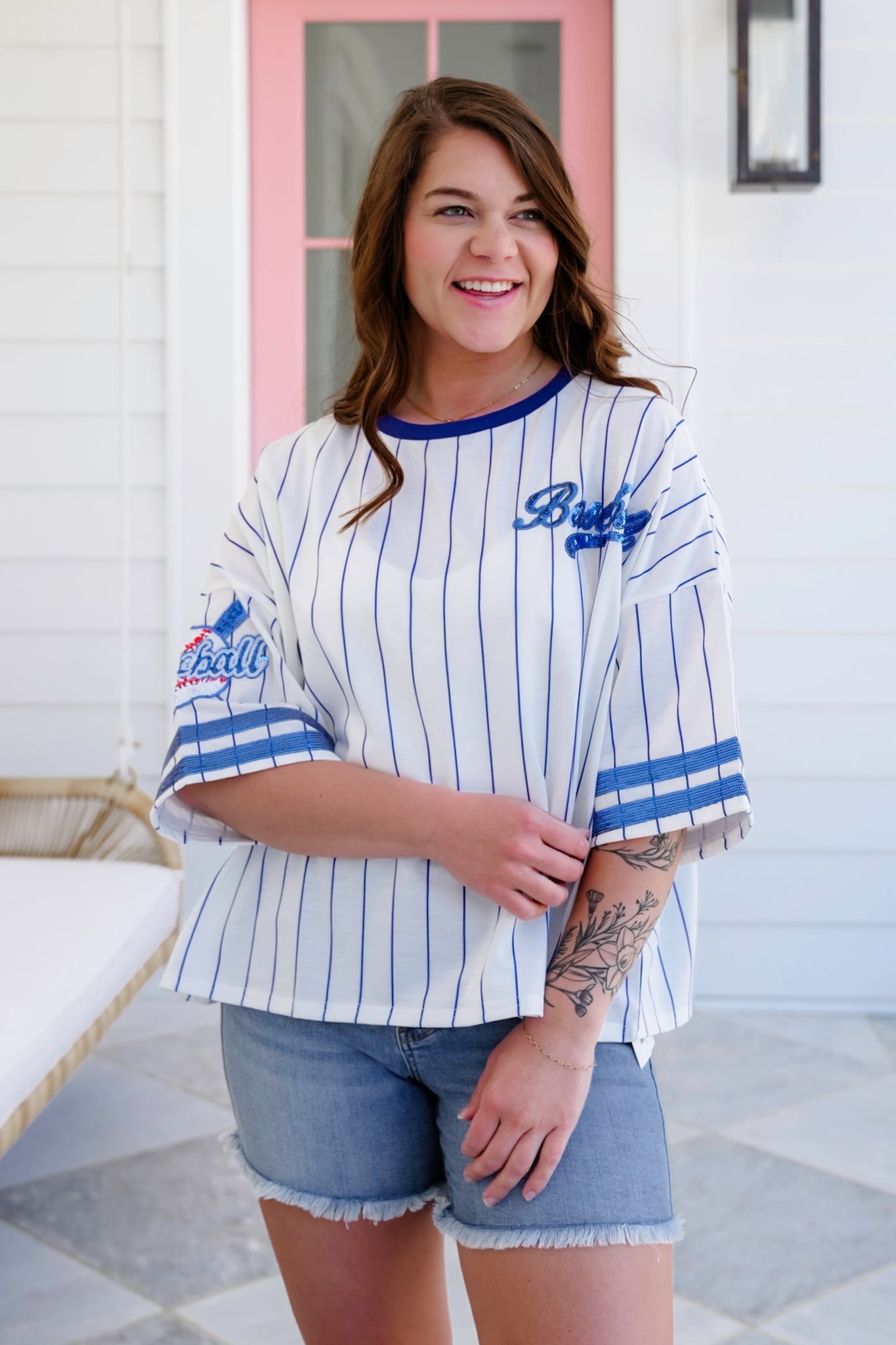 Stripe Short Sleeve Baseball Top with Sequin Detail