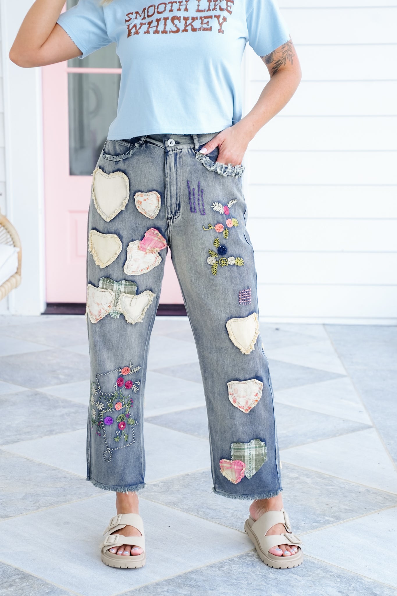 Denim Relaxed Fit Jeans with Embroidered Patchwork Detail
