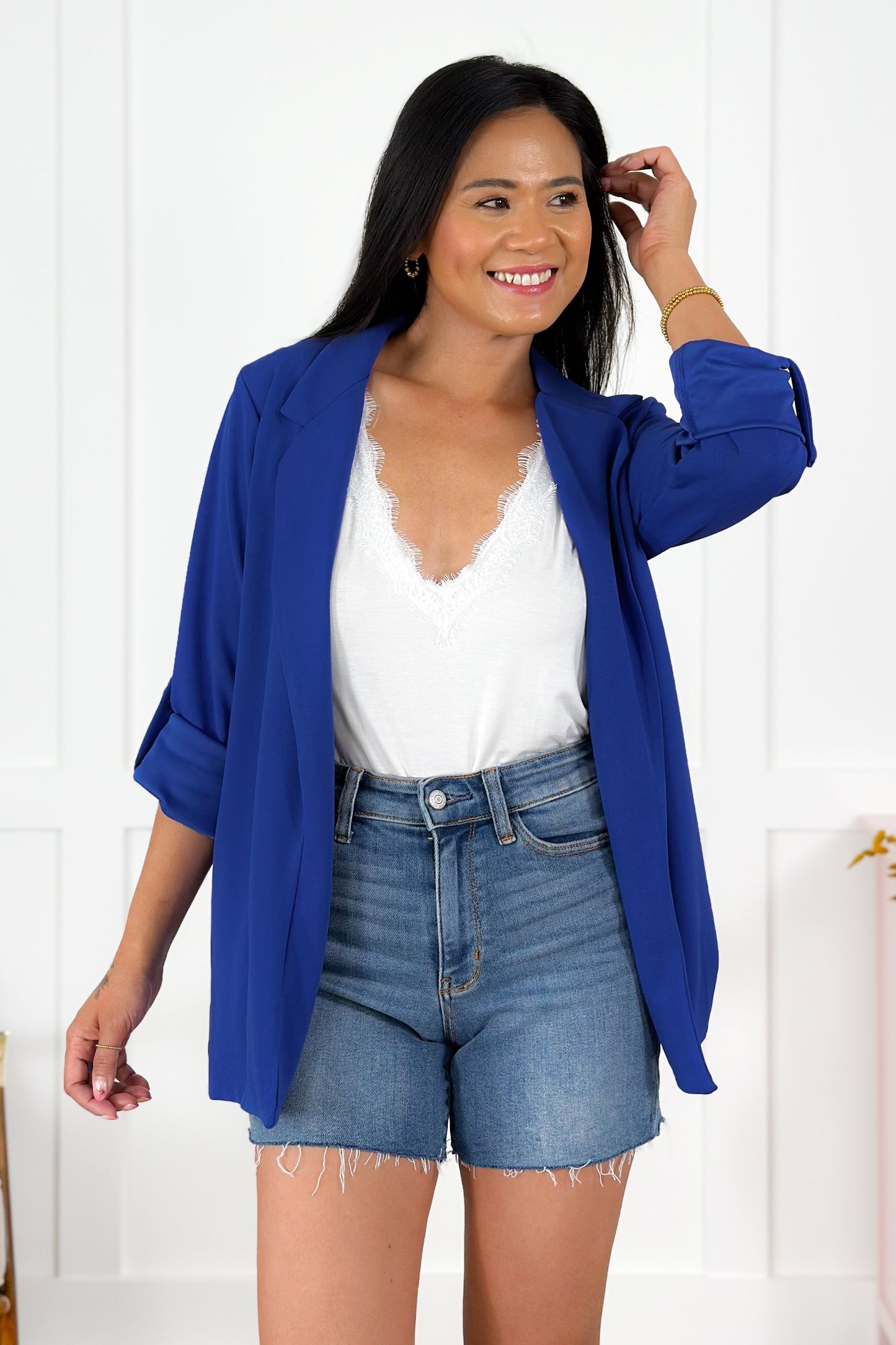 DOOR BUSTER! Plus/Reg Solid Long Sleeve Open Blazer With Side Pockets (Multiple Colors)