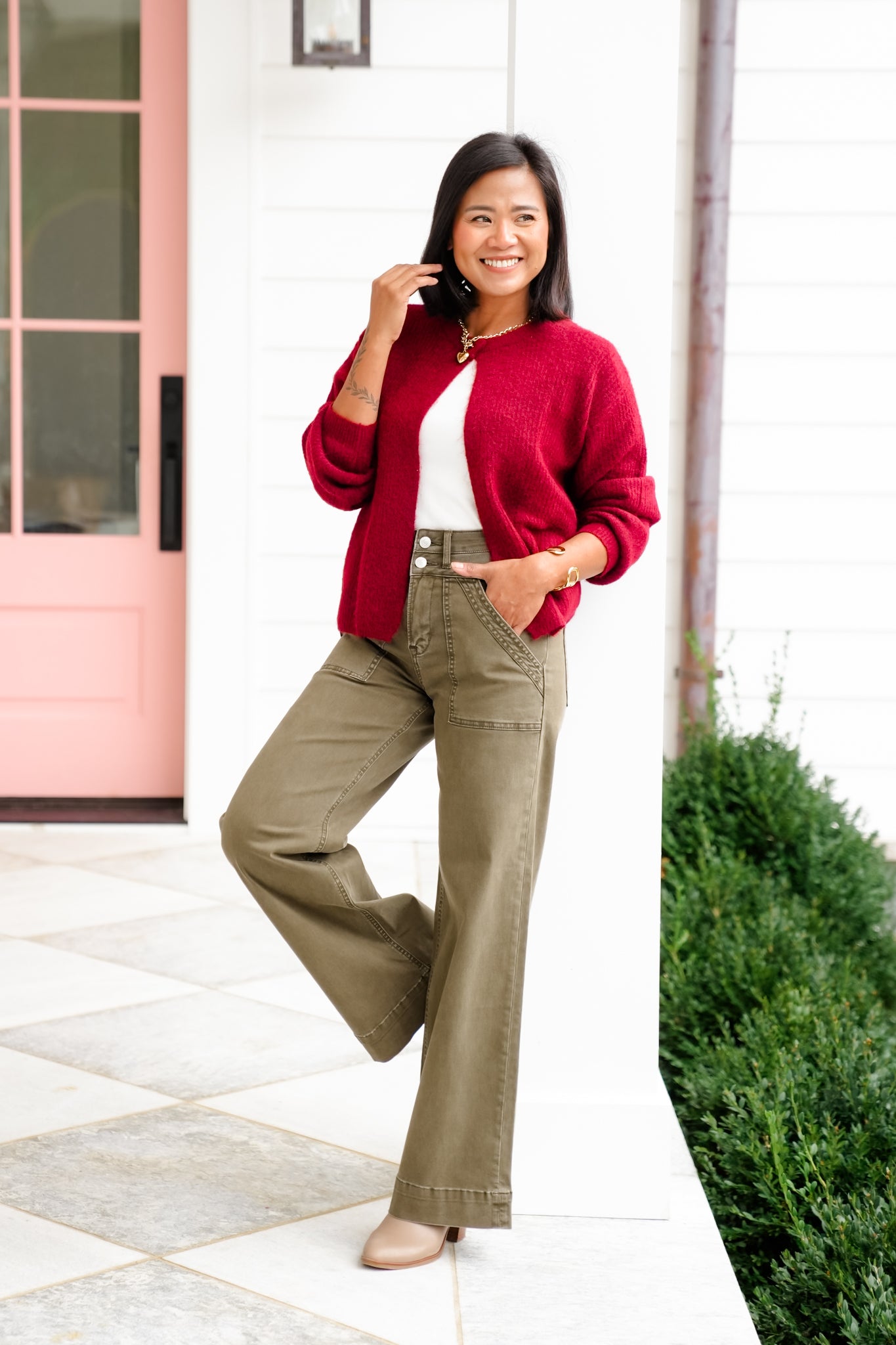 Mica High Rise Green Double Waistband Wide Leg Jeans