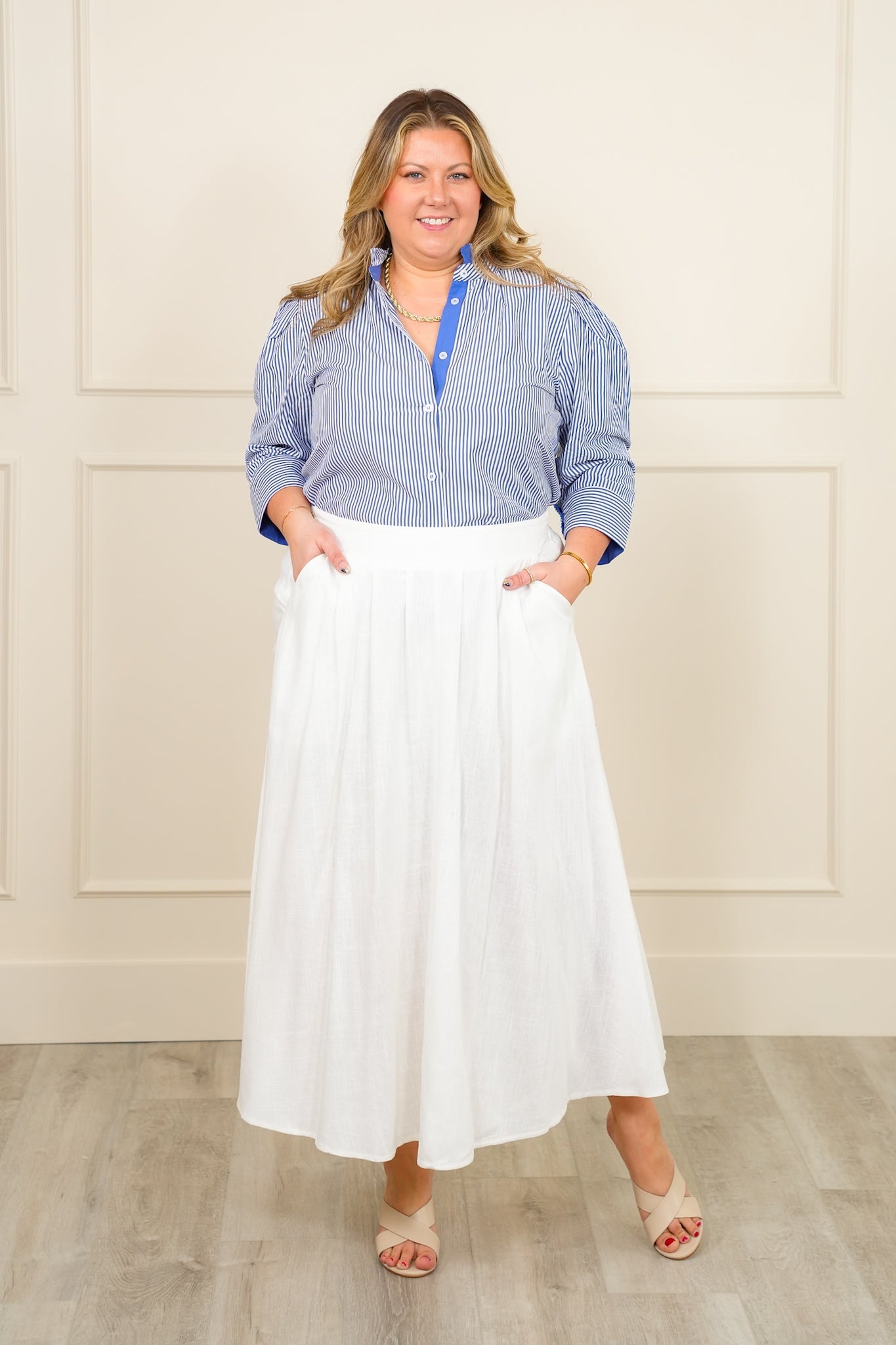 White Front Pleated Midi Skirt with Side Pockets