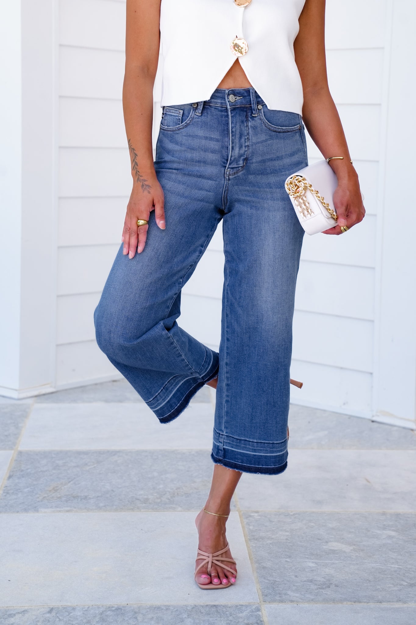 Judy Blue High Rise Medium Wash Tummy Control Cropped Wide Leg Jeans