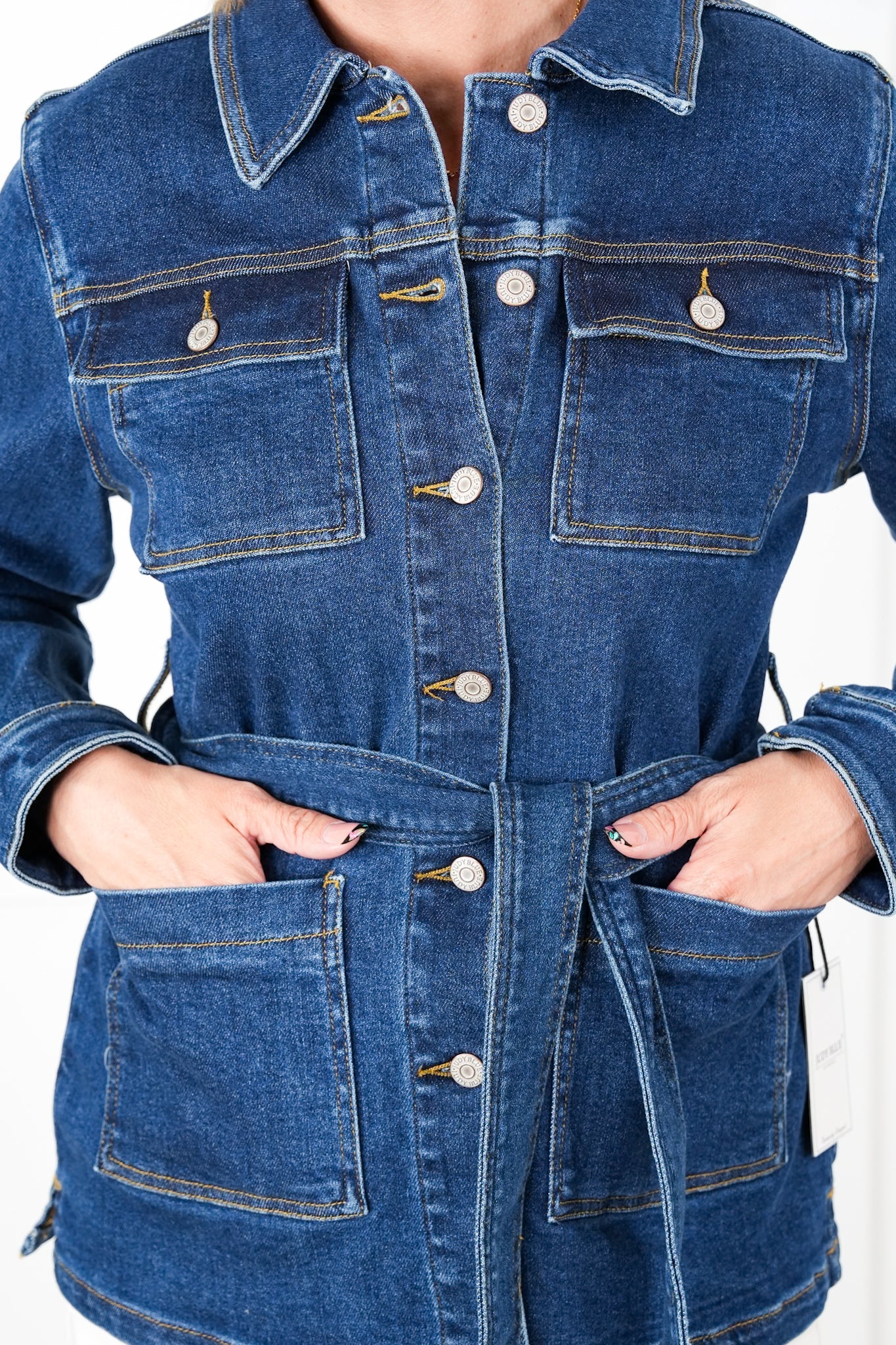 Plus/Reg Judy Blue Dark Denim Button Down Mid Length Utility Jacket
