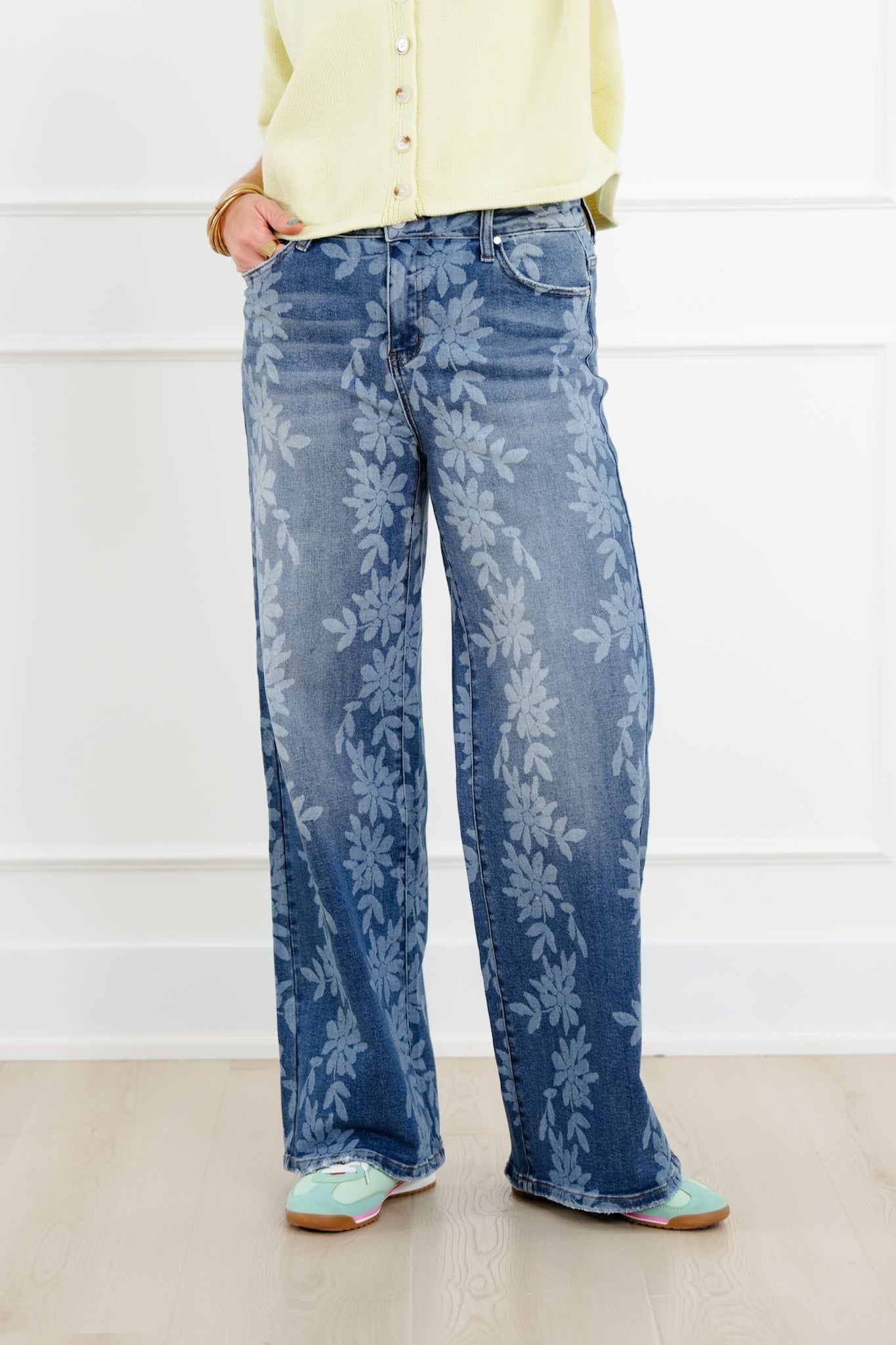 Daisy Print High Waist Wide Leg Jeans