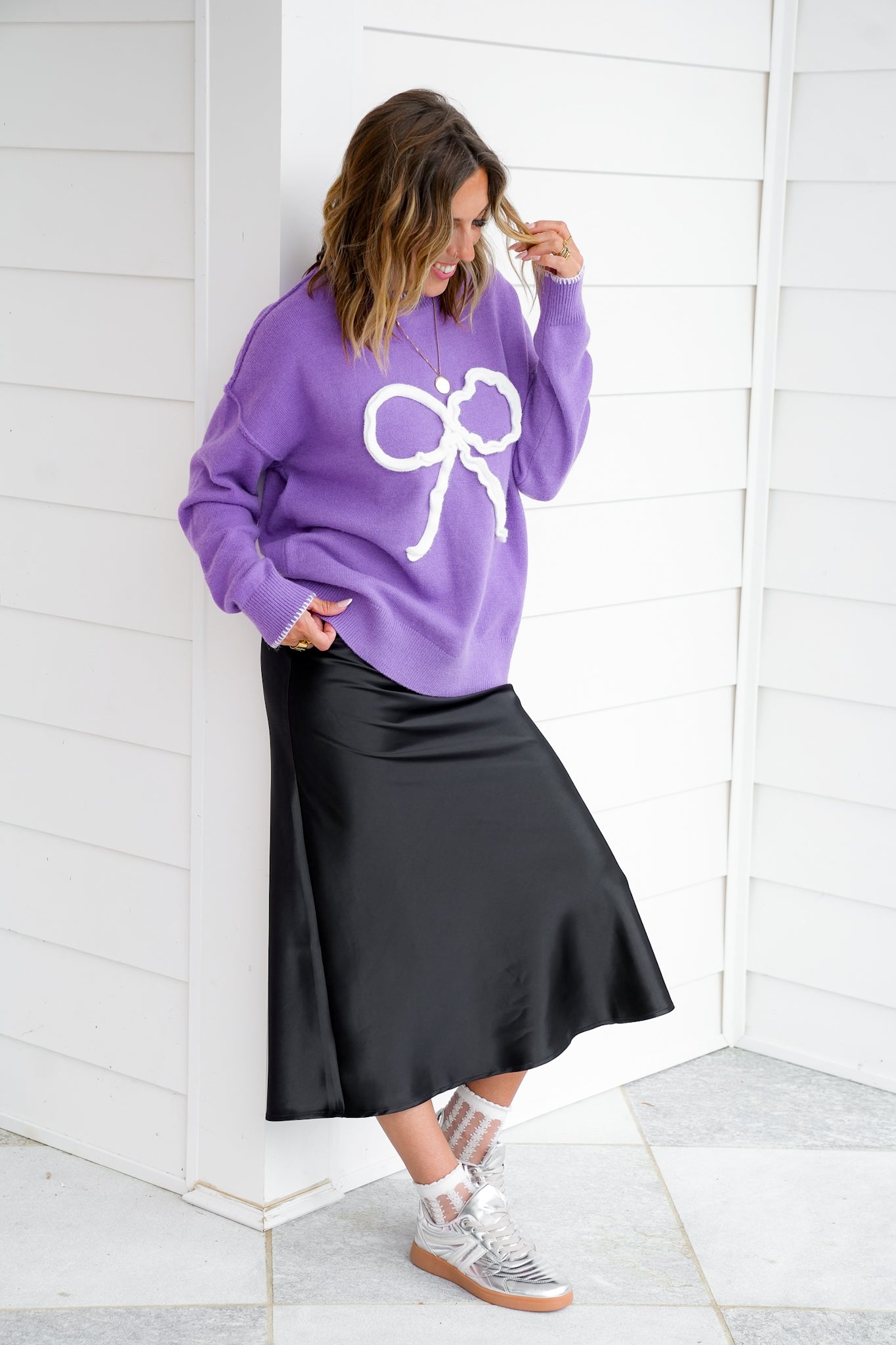 Knit Long Sleeve Crew Neck Sweater with Bow Detail