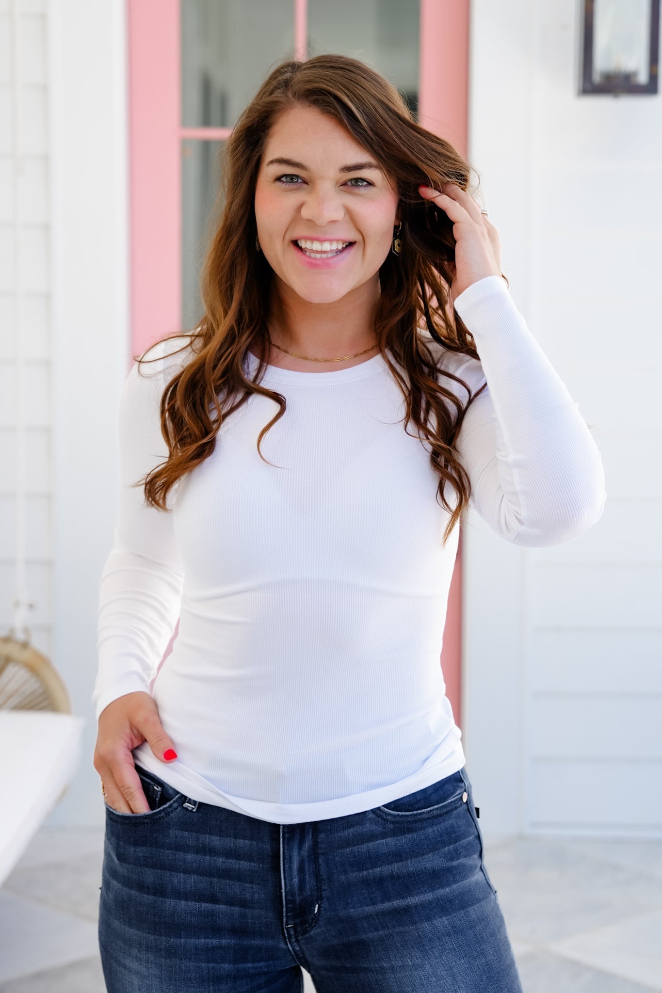 Solid Long Sleeve Round Neck Ribbed Knit Top