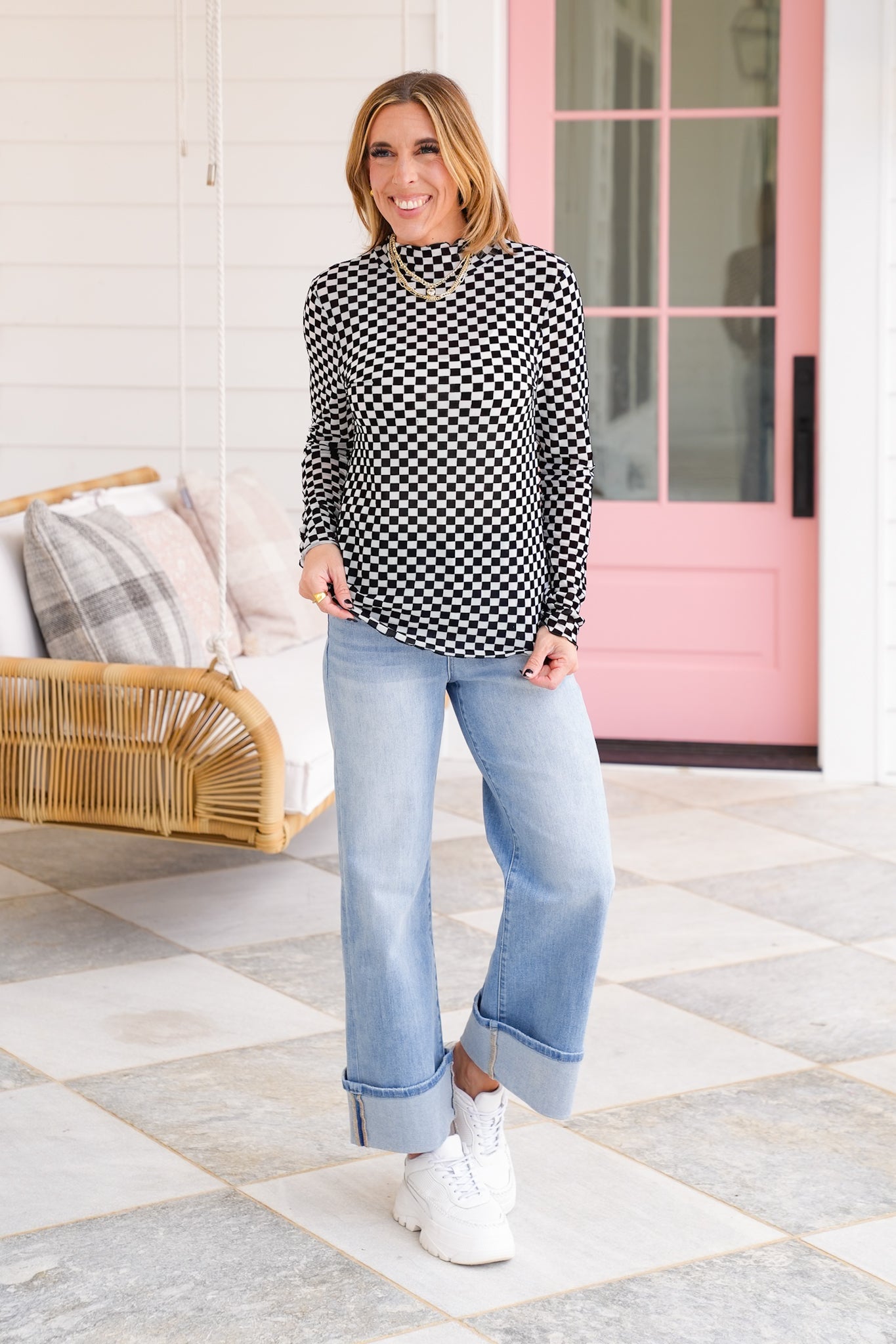 Plus/Reg Checkered Long Sleeve Mock Neck Mesh Top
