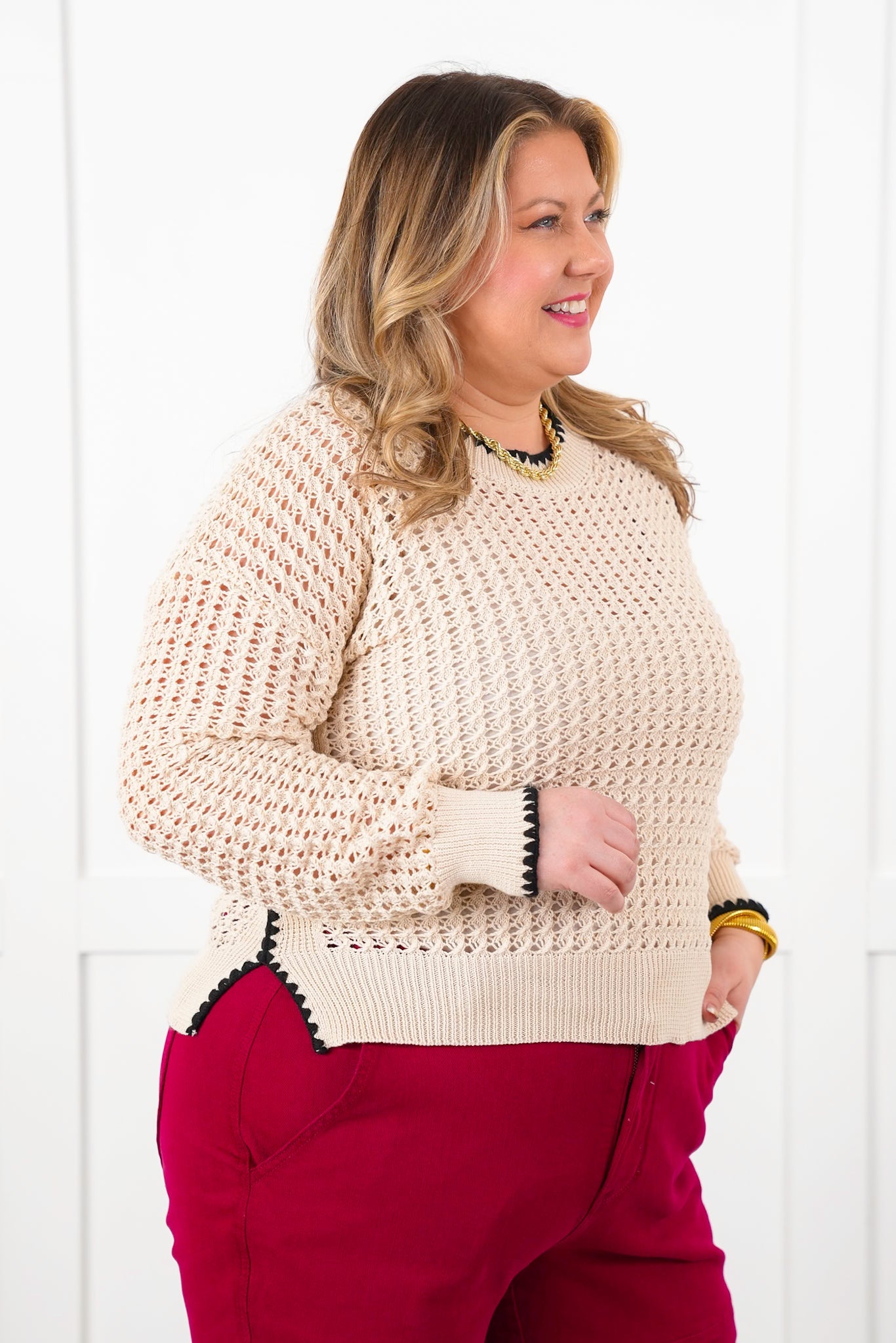 Plus/Reg Natural Loose Knit Long Sleeve Pullover Top with Trim Detail