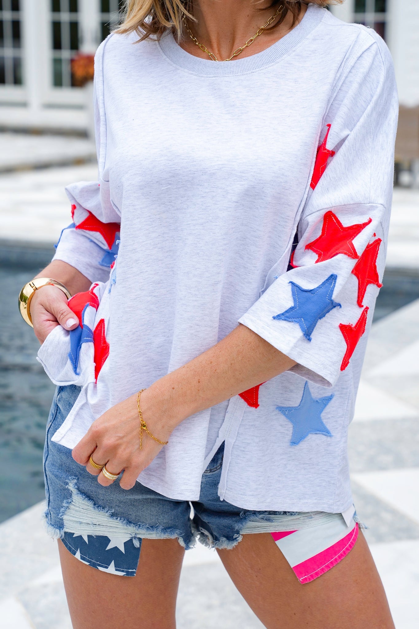 Restock! Plus/Reg Knit 3/4 Sleeve Pullover Top with Star Patch Detail