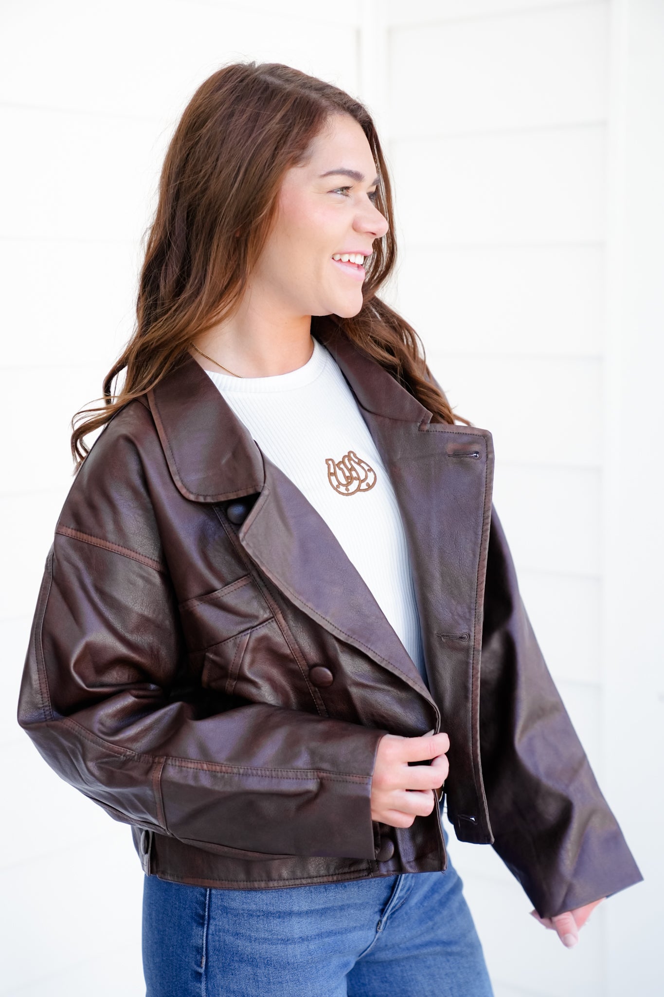 Washed Brown Vegan Leather Long Sleeve Jacket