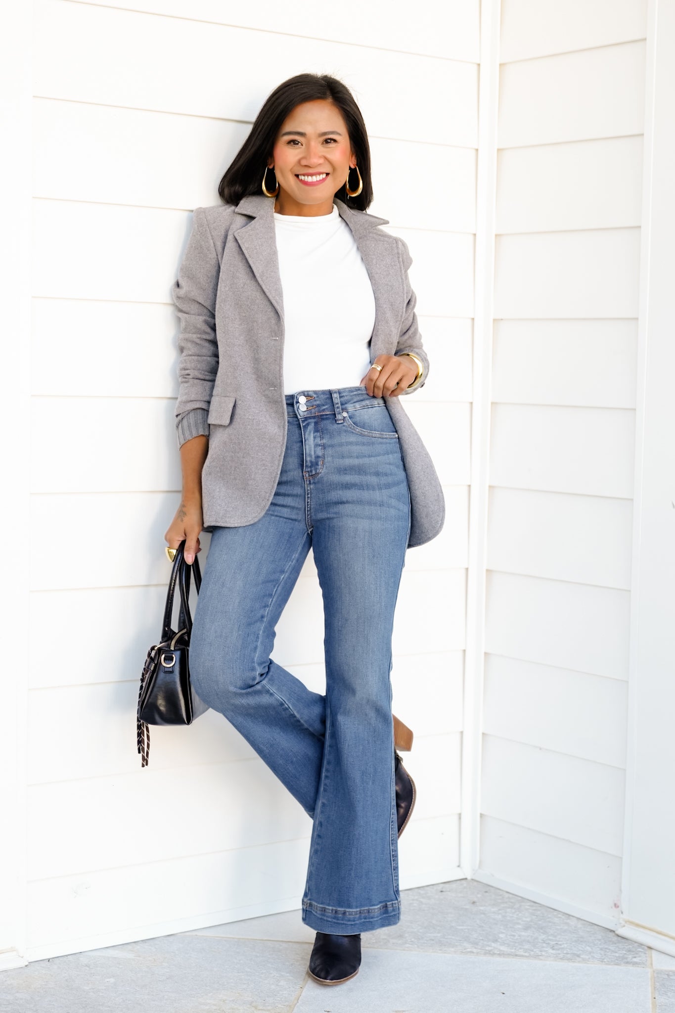 Judy Blue PETITE High Rise Medium Wash Tummy Control Flare Jeans with Double Button Waistband