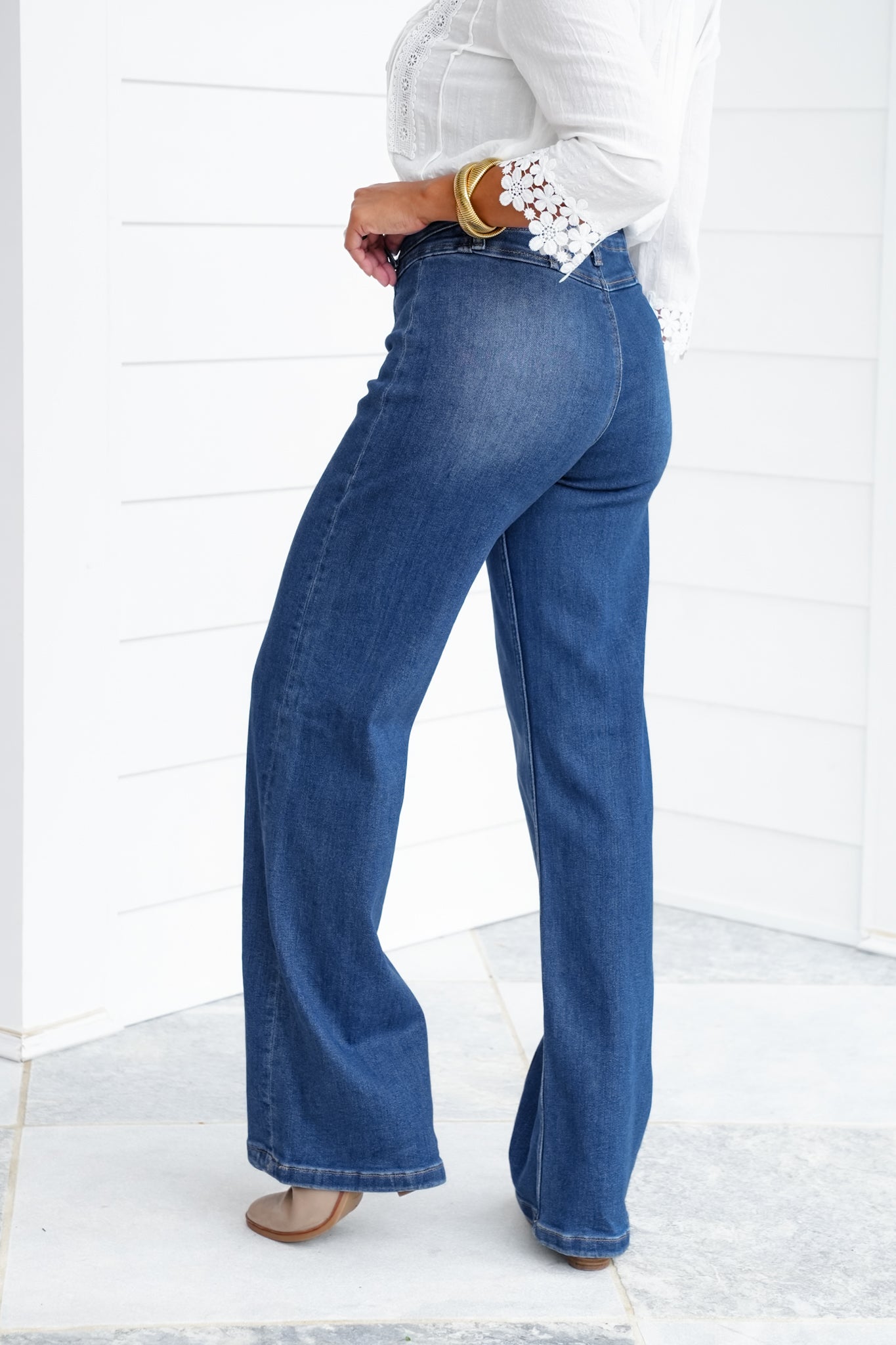 Risen High Rise Dark Wash Wide Leg Jeans with Front Yoke Detail