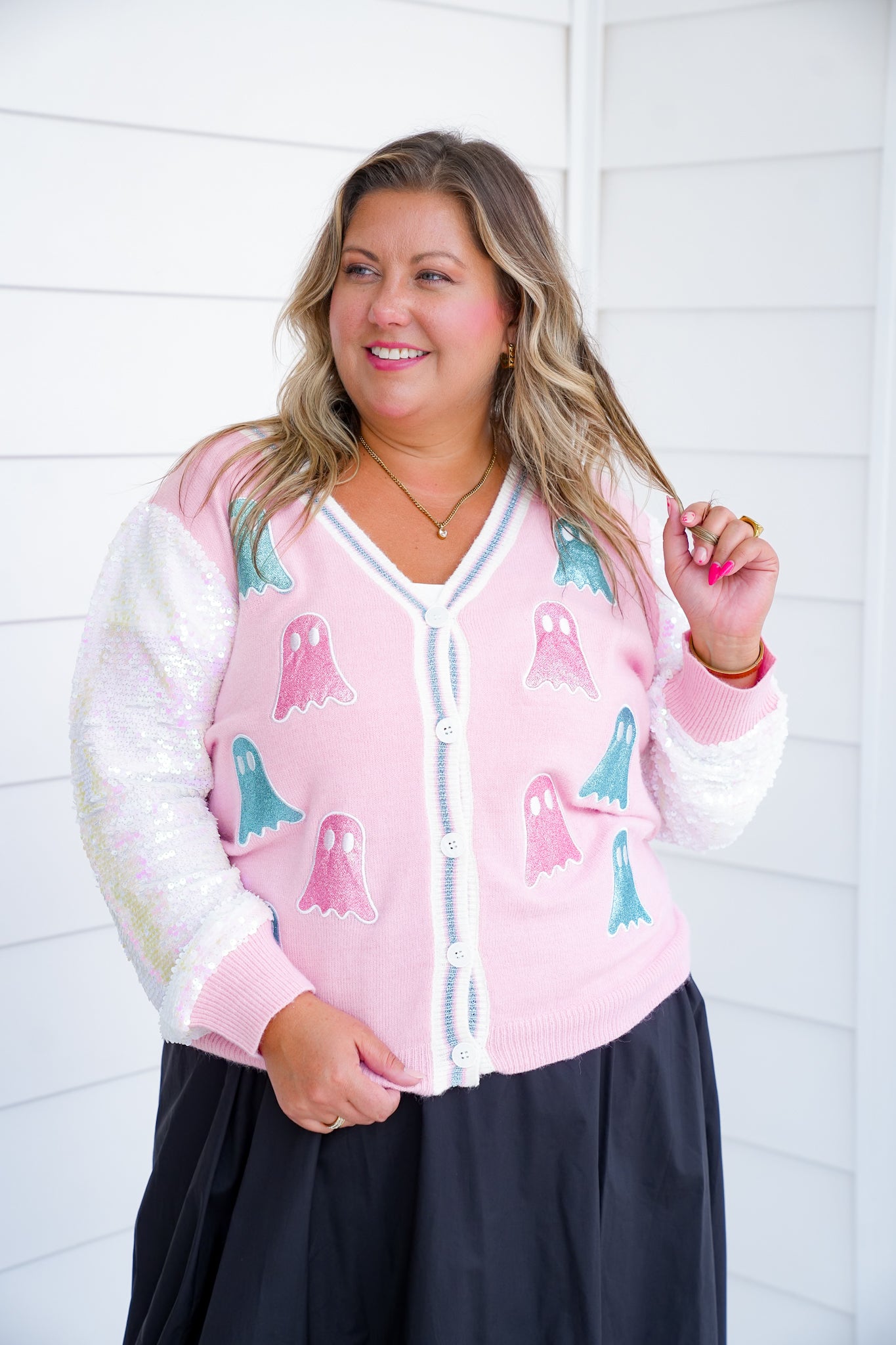 Plus/Reg Glitter Ghosts Cardigan with Sequins