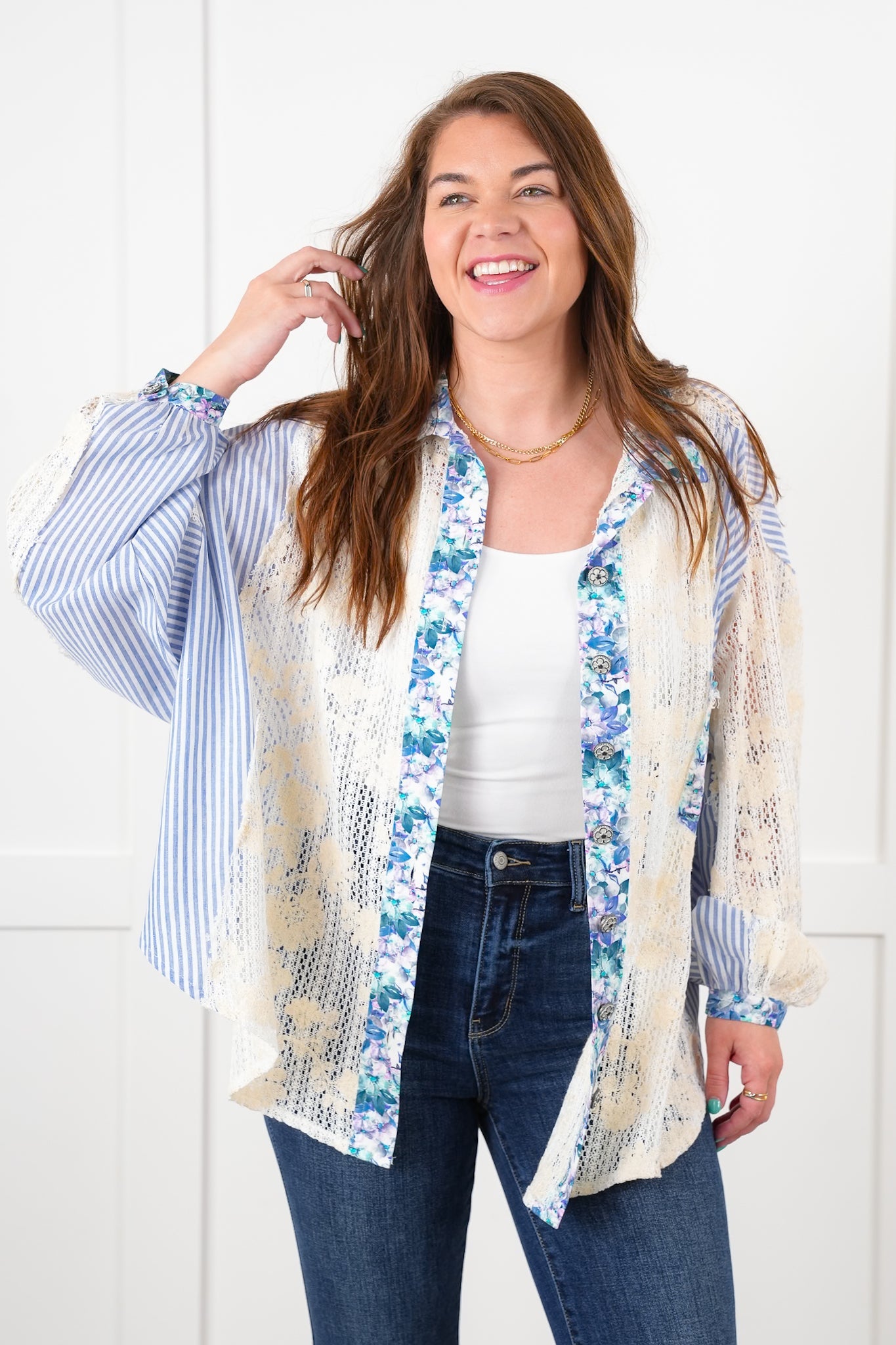 POL Stripe Long Sleeve Button Down Shacket with Floral and Lace Detail - New Colors!