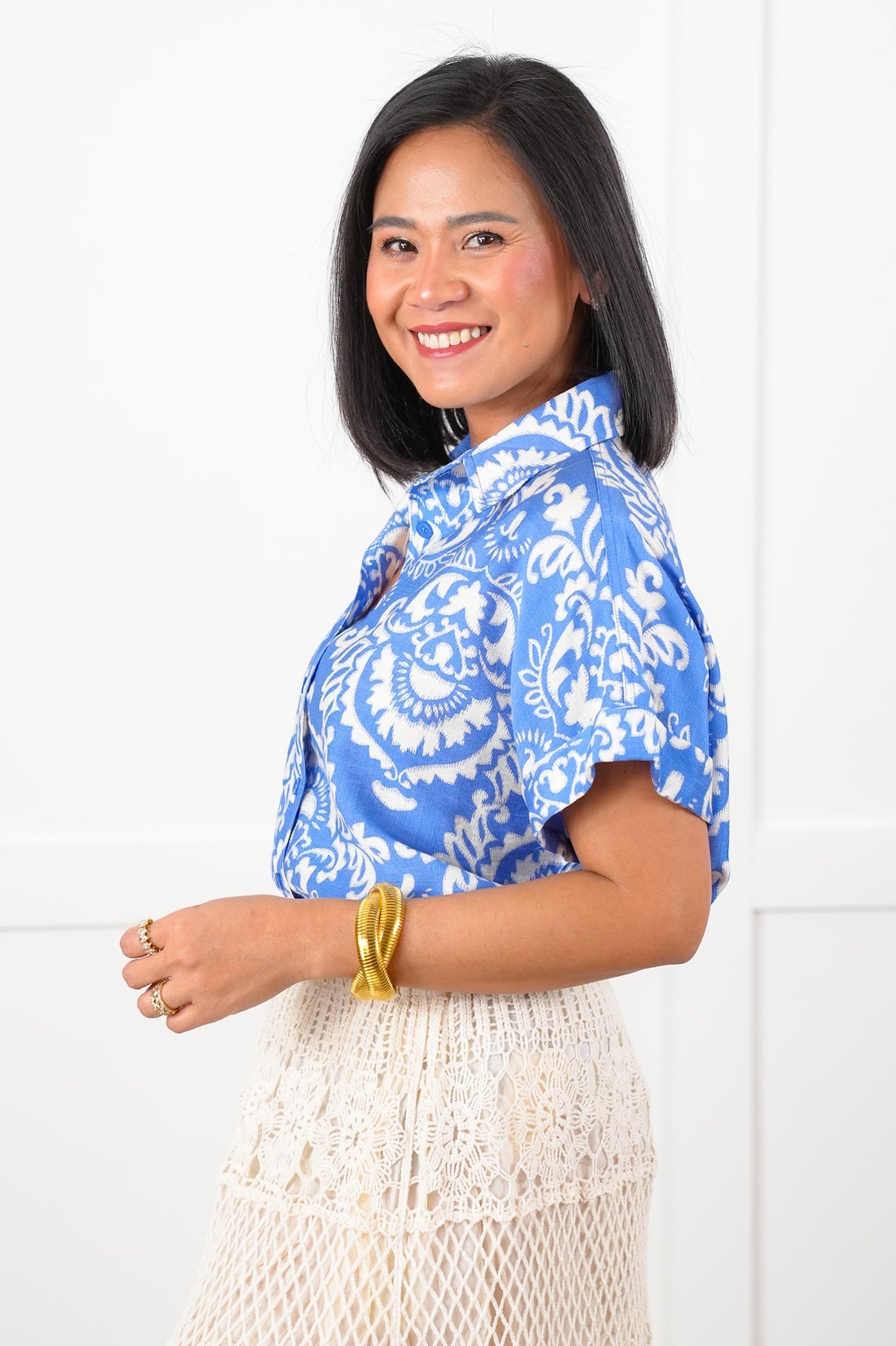 Blue Geometric Print Short Sleeve Button Down Top