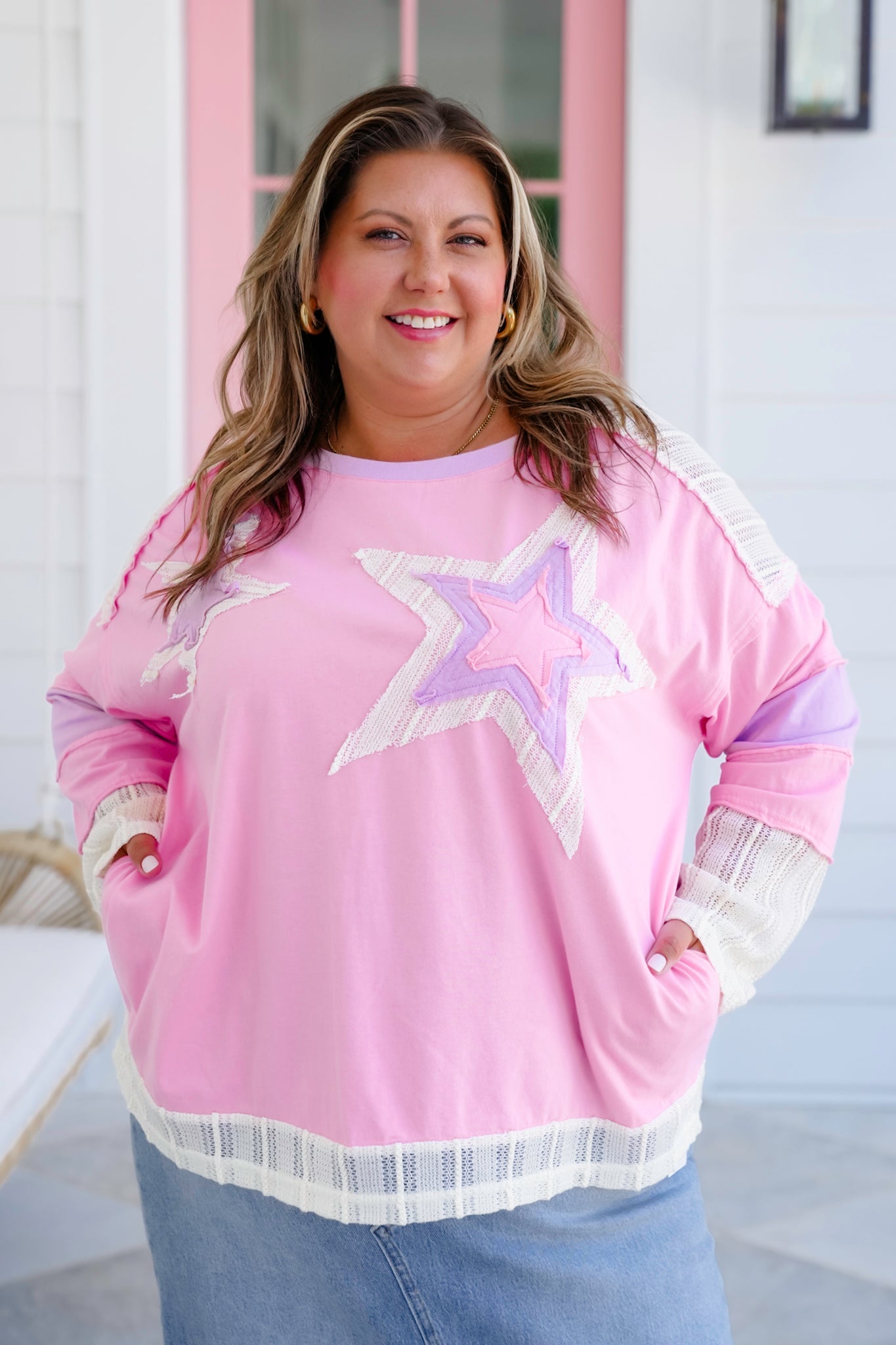 Long Sleeve Round Neck Top with Star Patch Detail